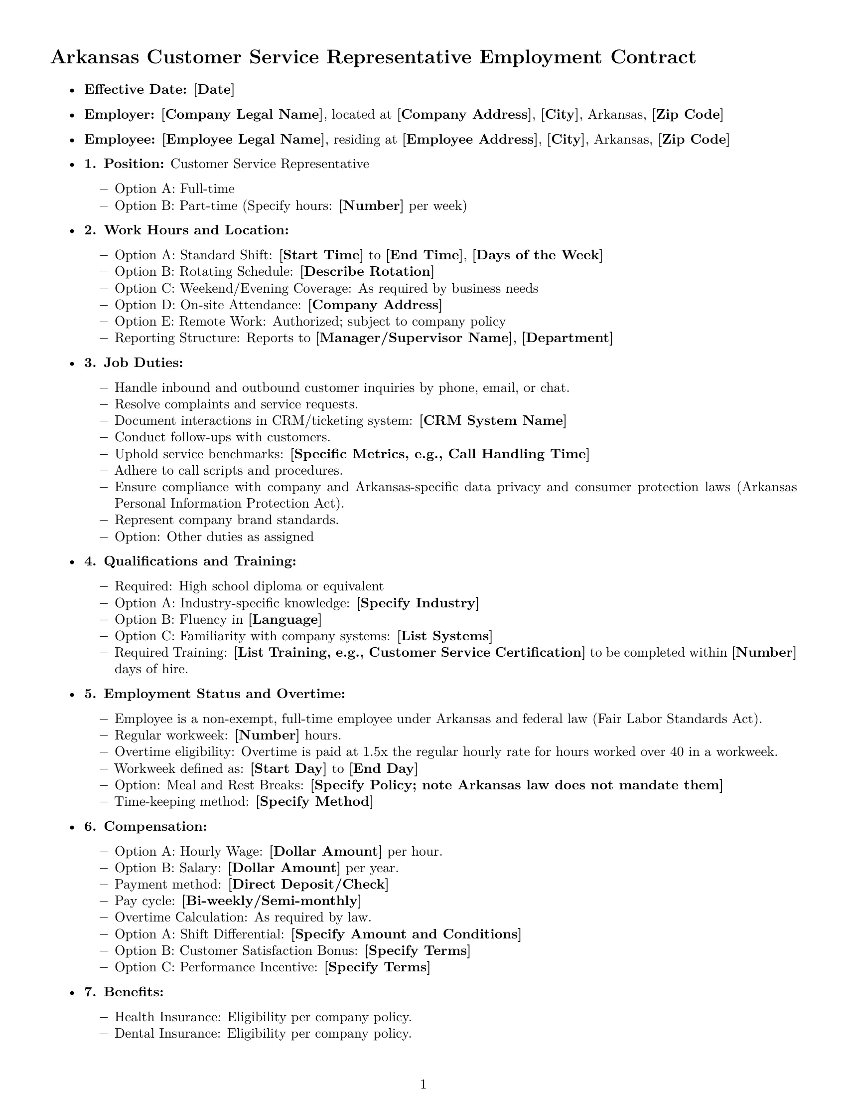 Preview page 1 of Free Arkansas customer service representative employment contract template