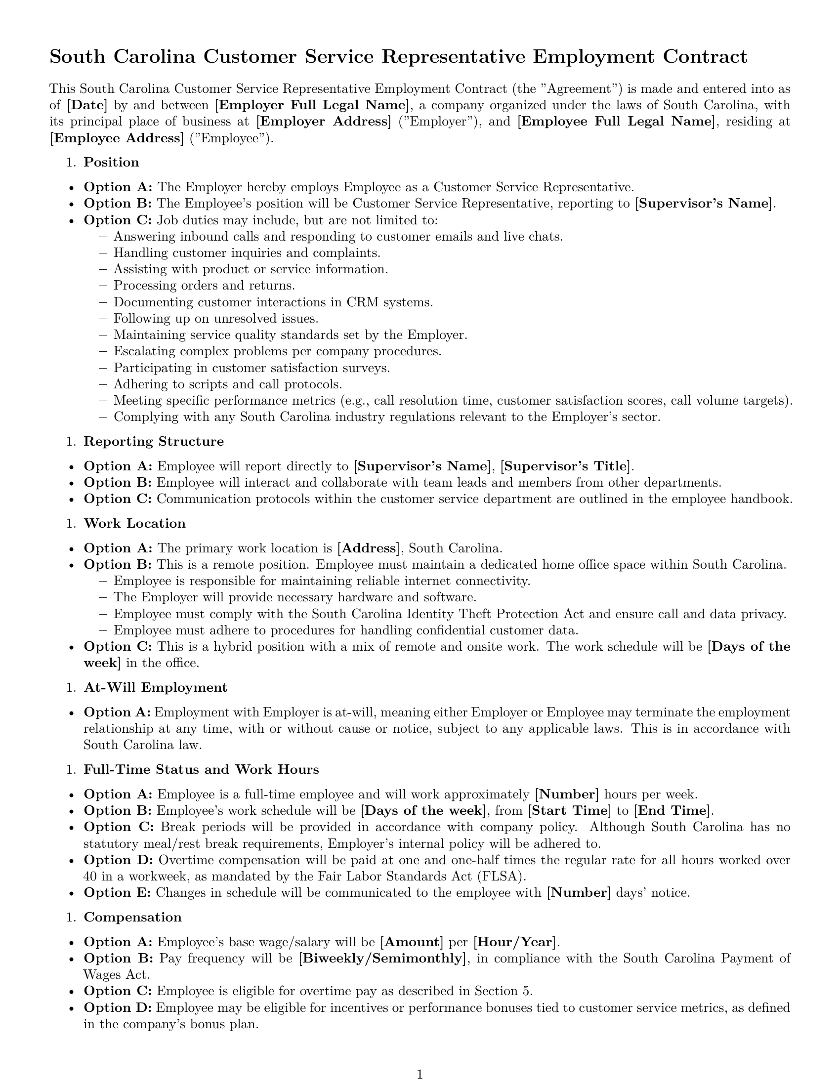 Preview page 1 of Free South Carolina customer service representative employment contract template
