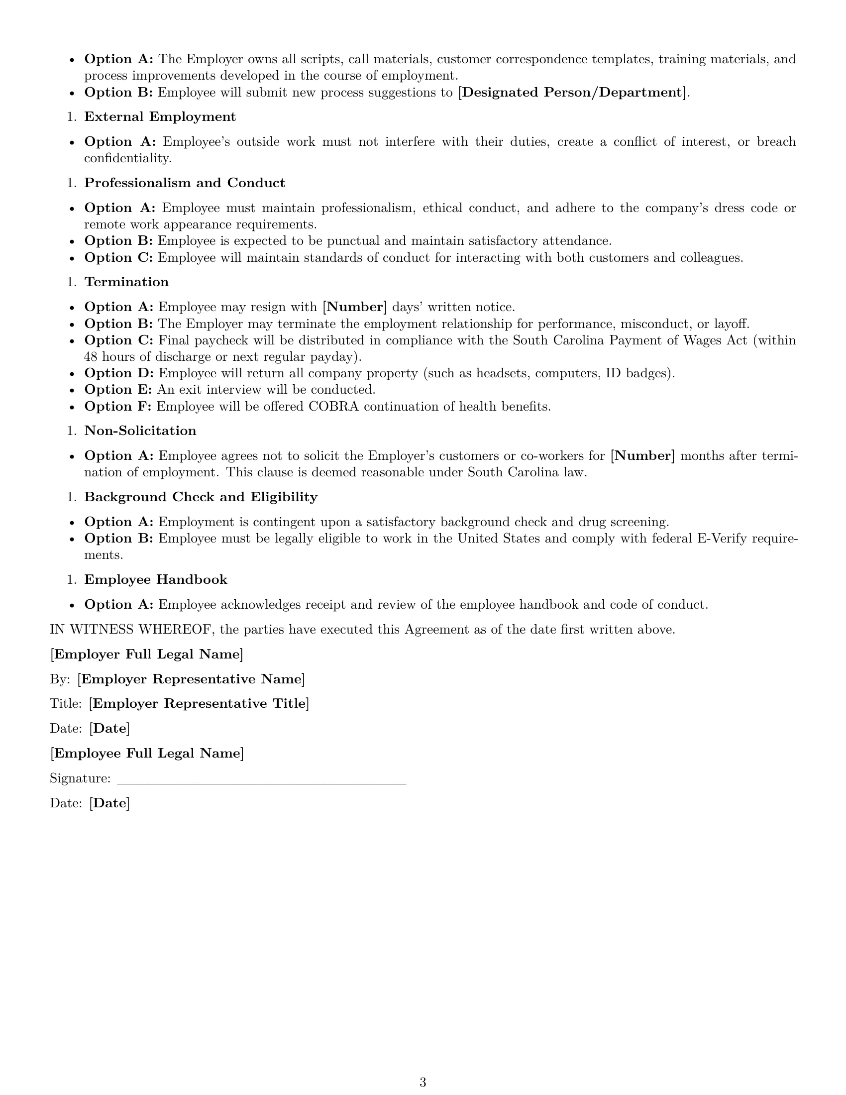 Preview page 3 of Free South Carolina customer service representative employment contract template