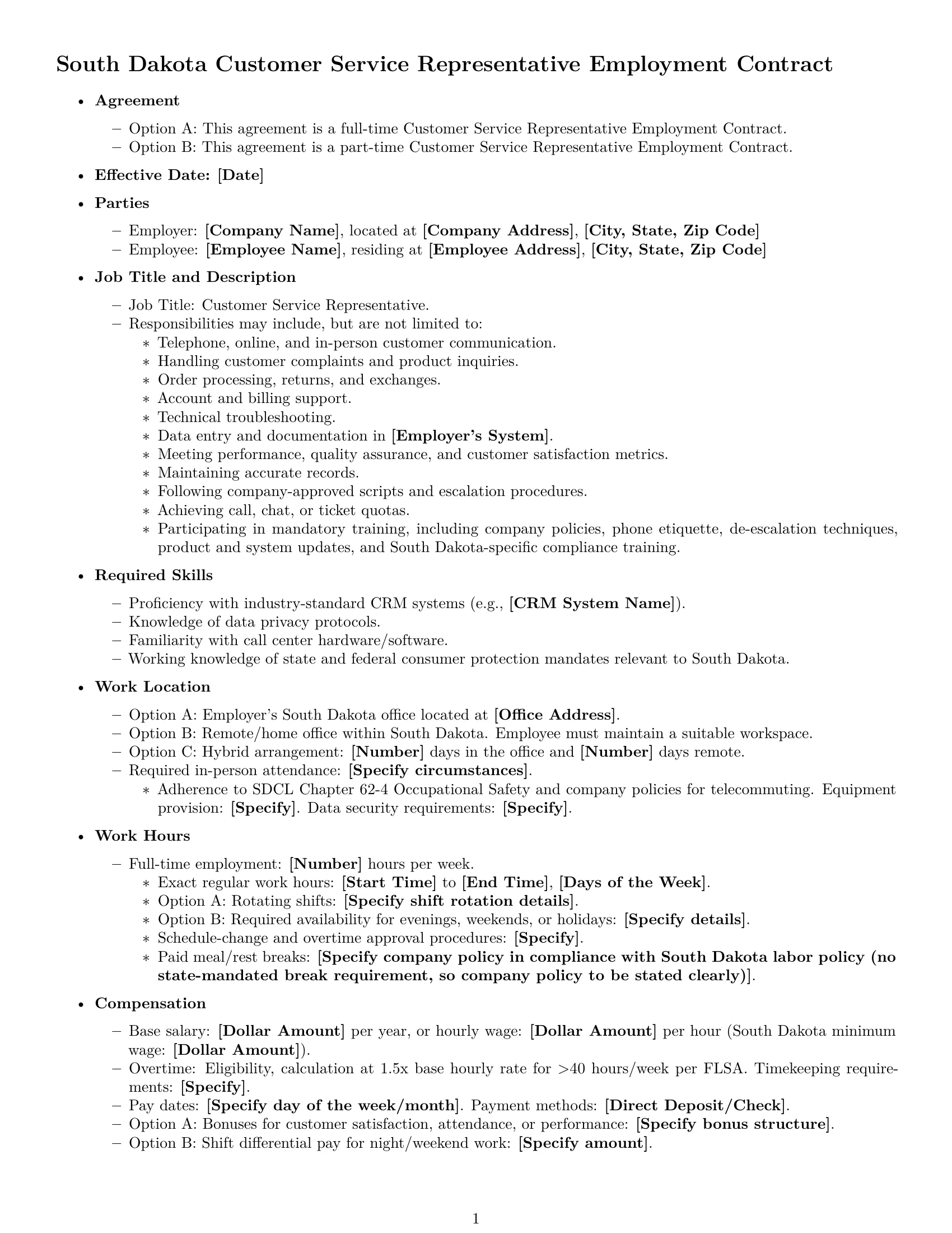 Preview page 1 of Free South Dakota customer service representative employment contract template