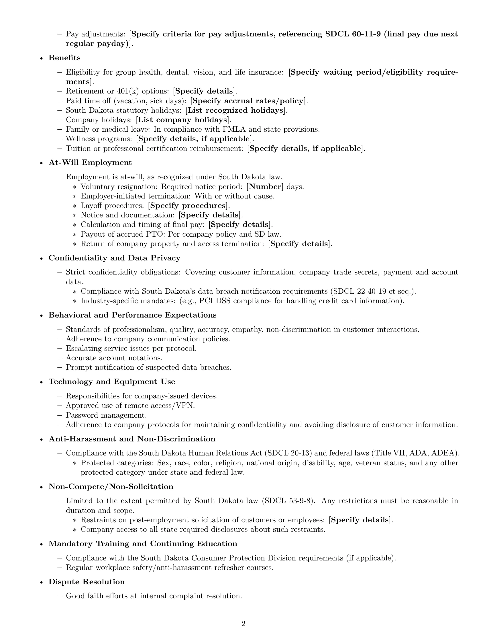 Preview page 2 of Free South Dakota customer service representative employment contract template