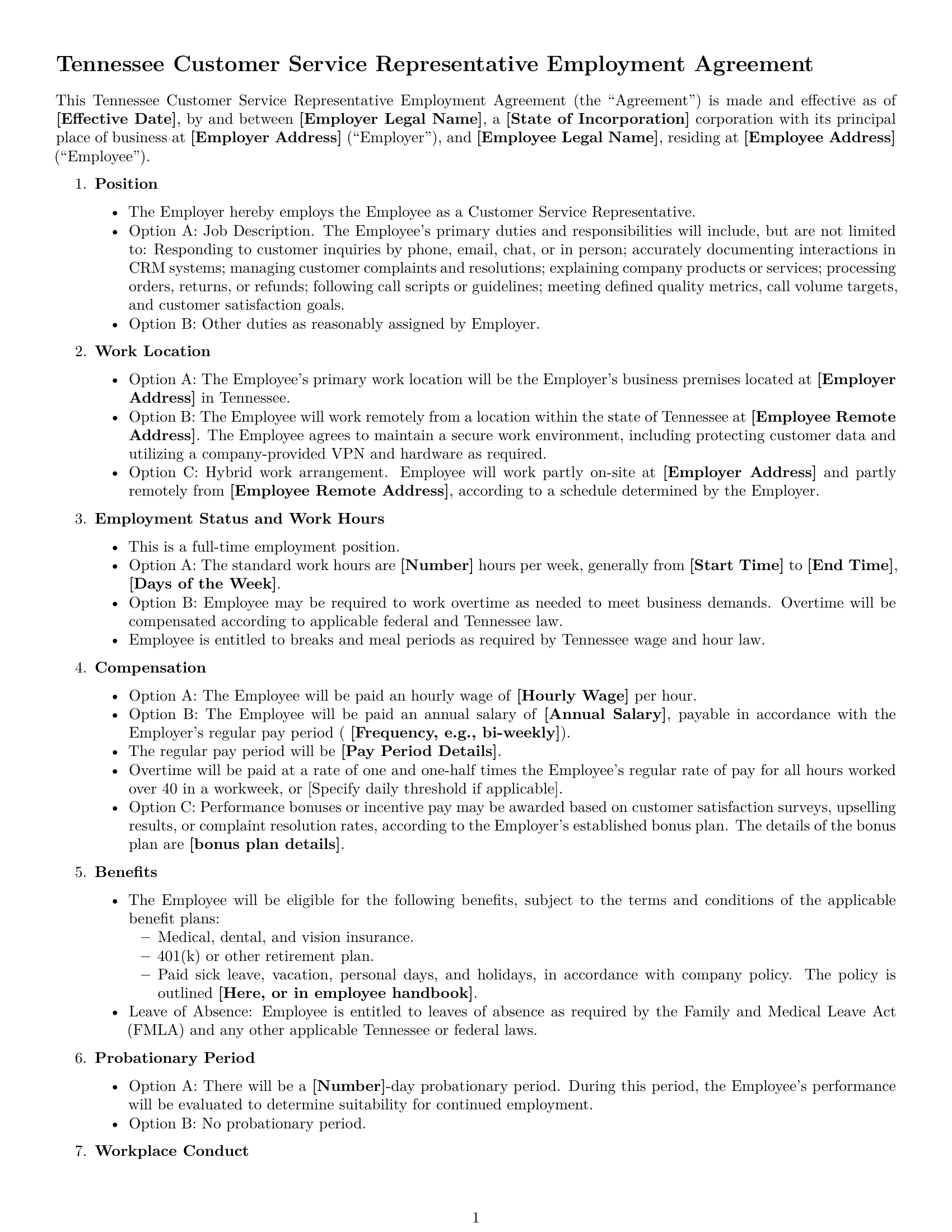 Preview page 1 of Free Tennessee customer service representative employment contract template