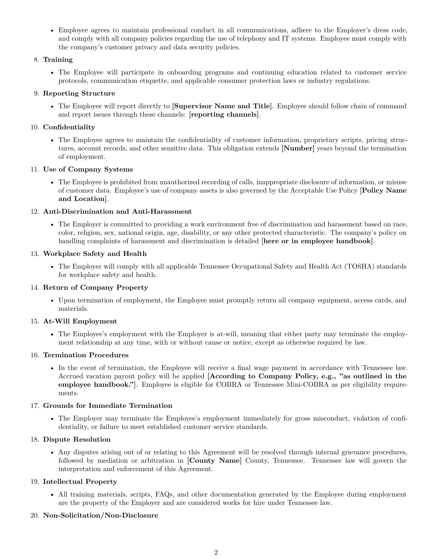 Preview page 2 of Free Tennessee customer service representative employment contract template