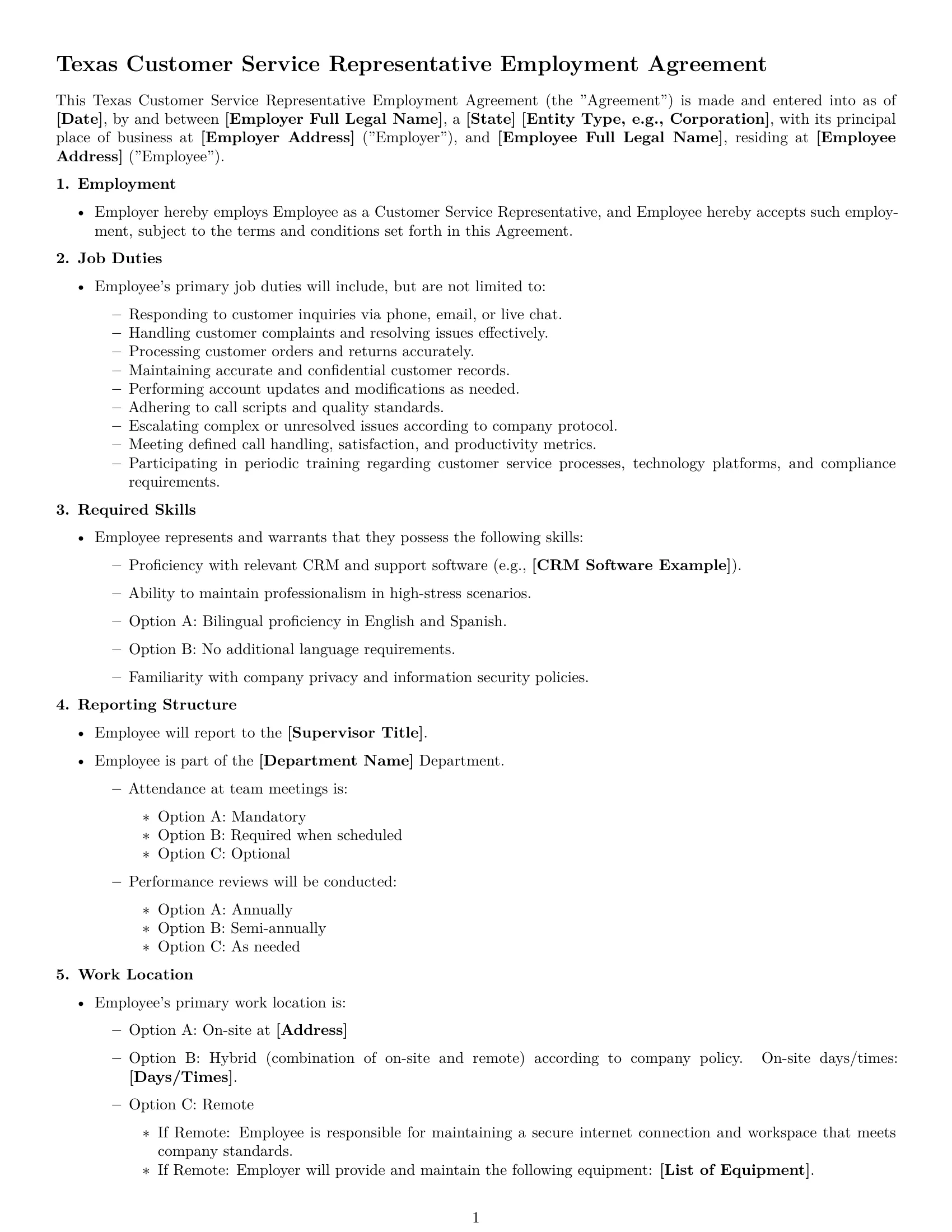 Preview page 1 of Free Texas customer service representative employment contract template