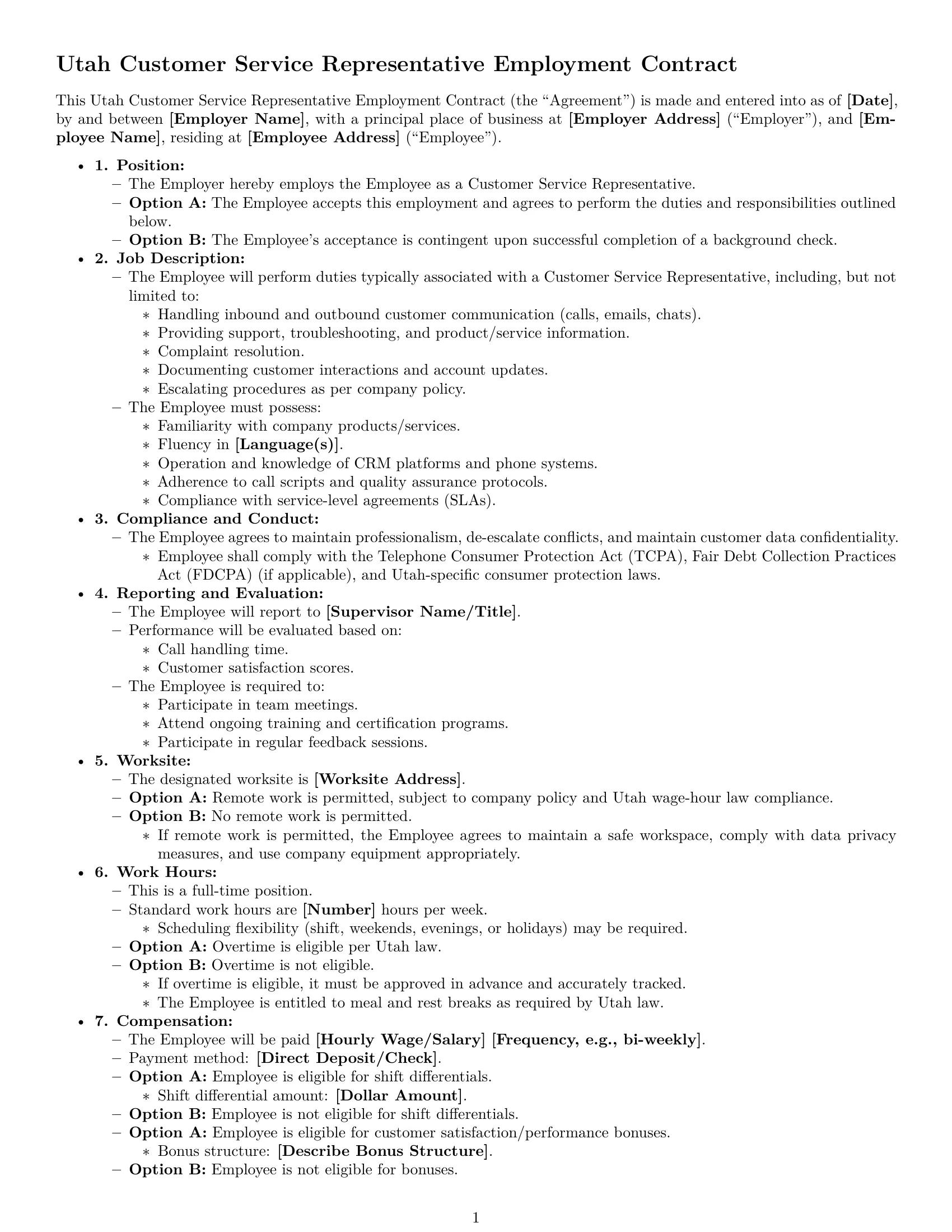 Preview page 1 of Free Utah customer service representative employment contract template
