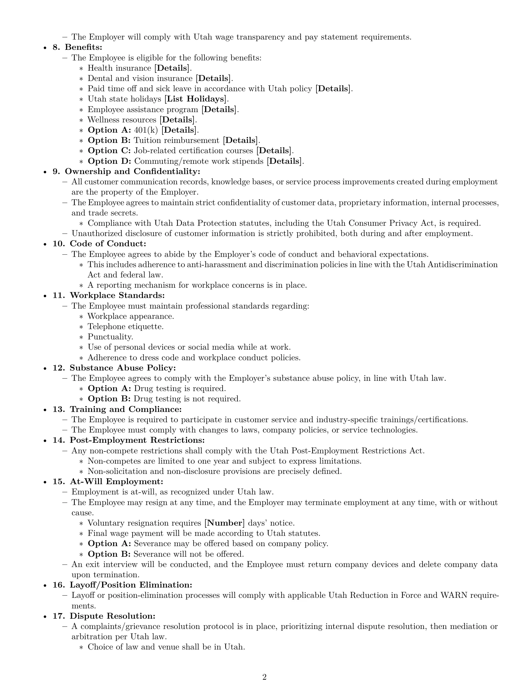 Preview page 2 of Free Utah customer service representative employment contract template