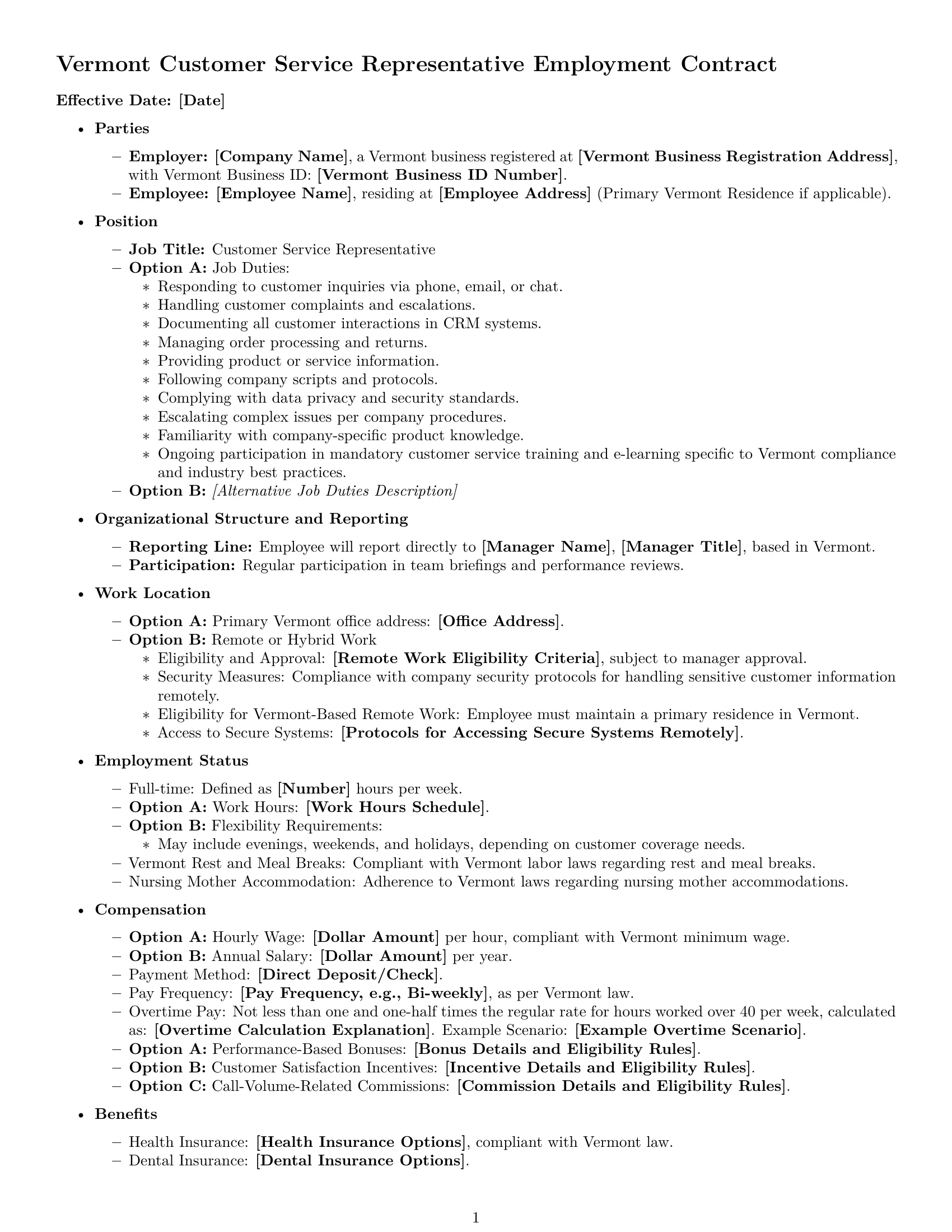 Preview page 1 of Free Vermont customer service representative employment contract template
