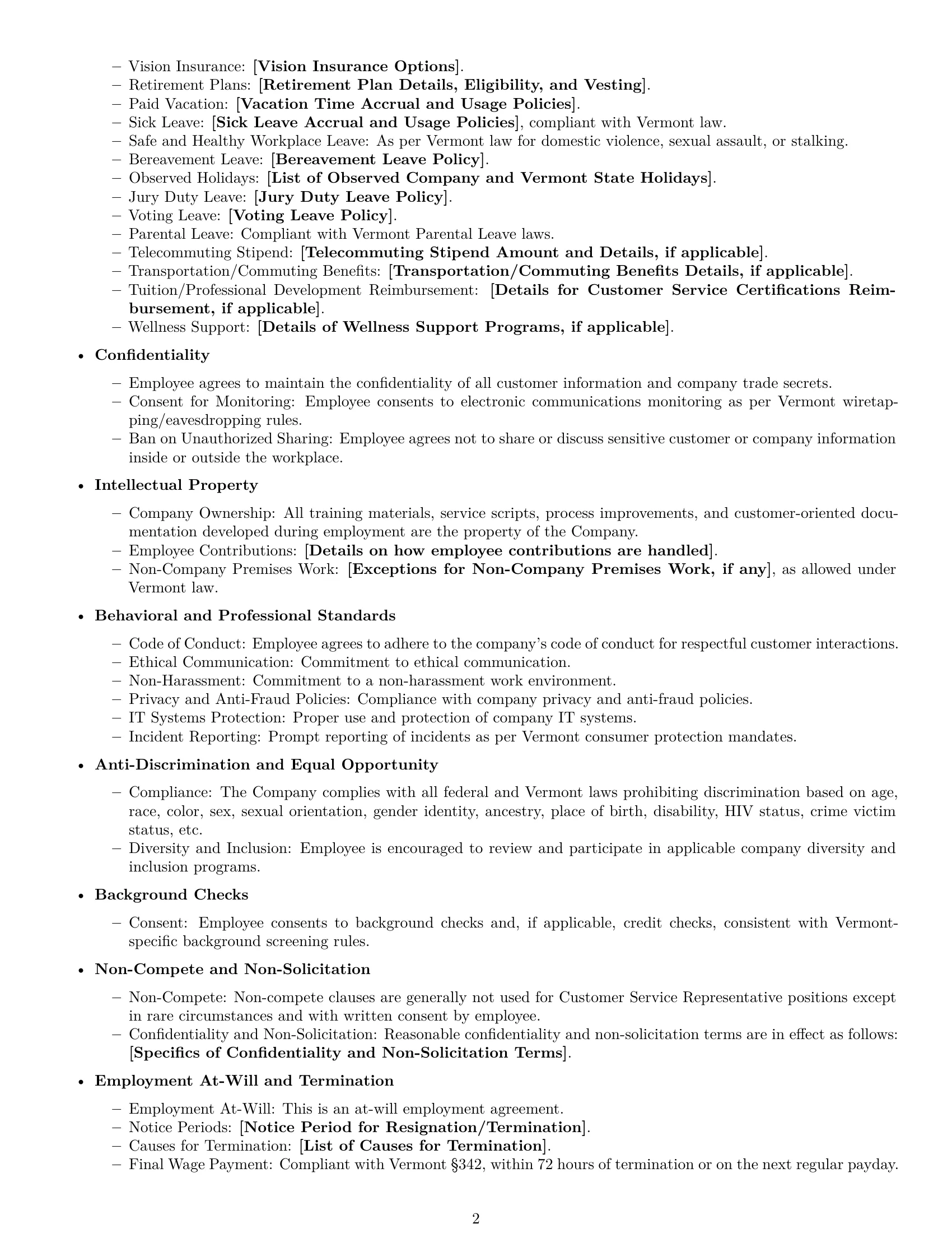 Preview page 2 of Free Vermont customer service representative employment contract template