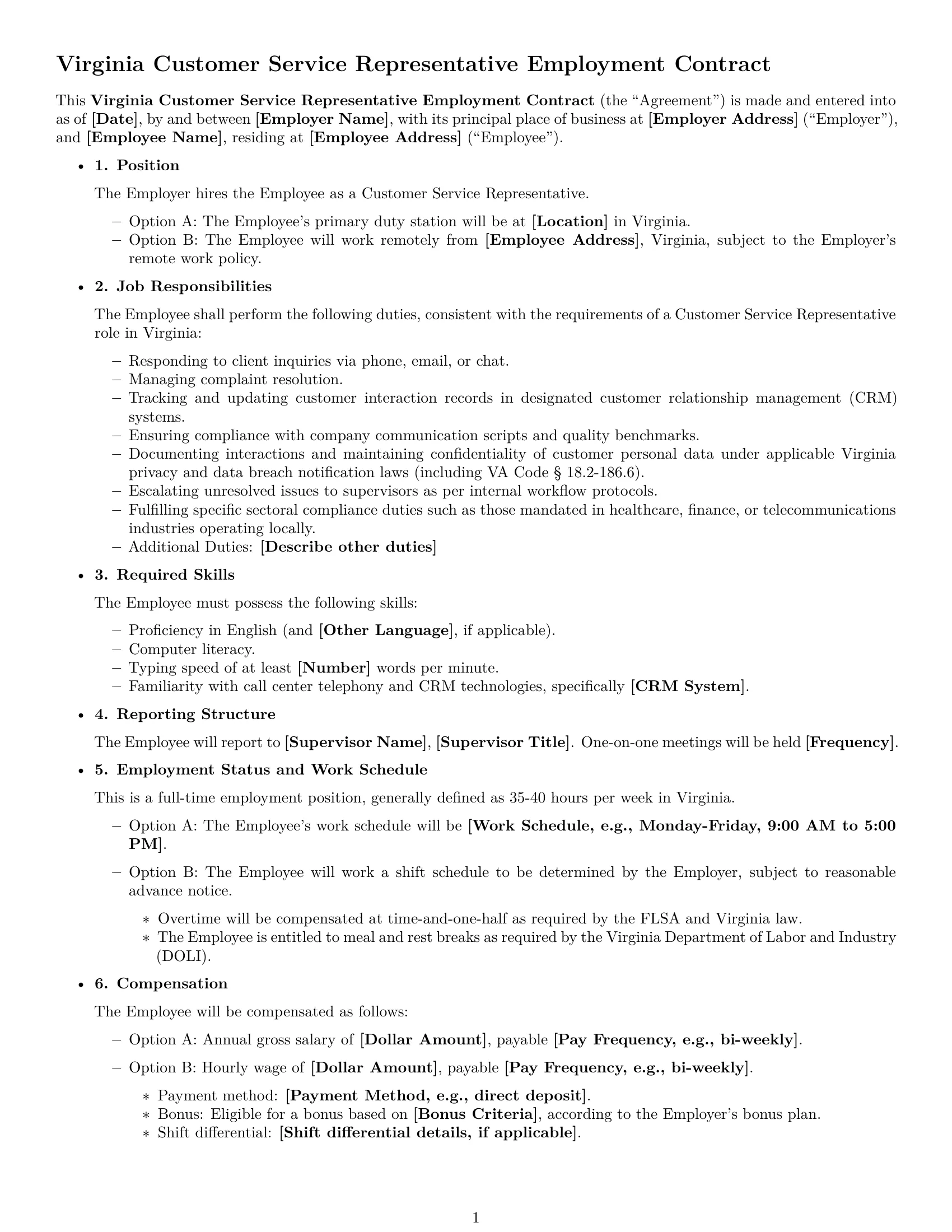 Preview page 1 of Free Virginia customer service representative employment contract template