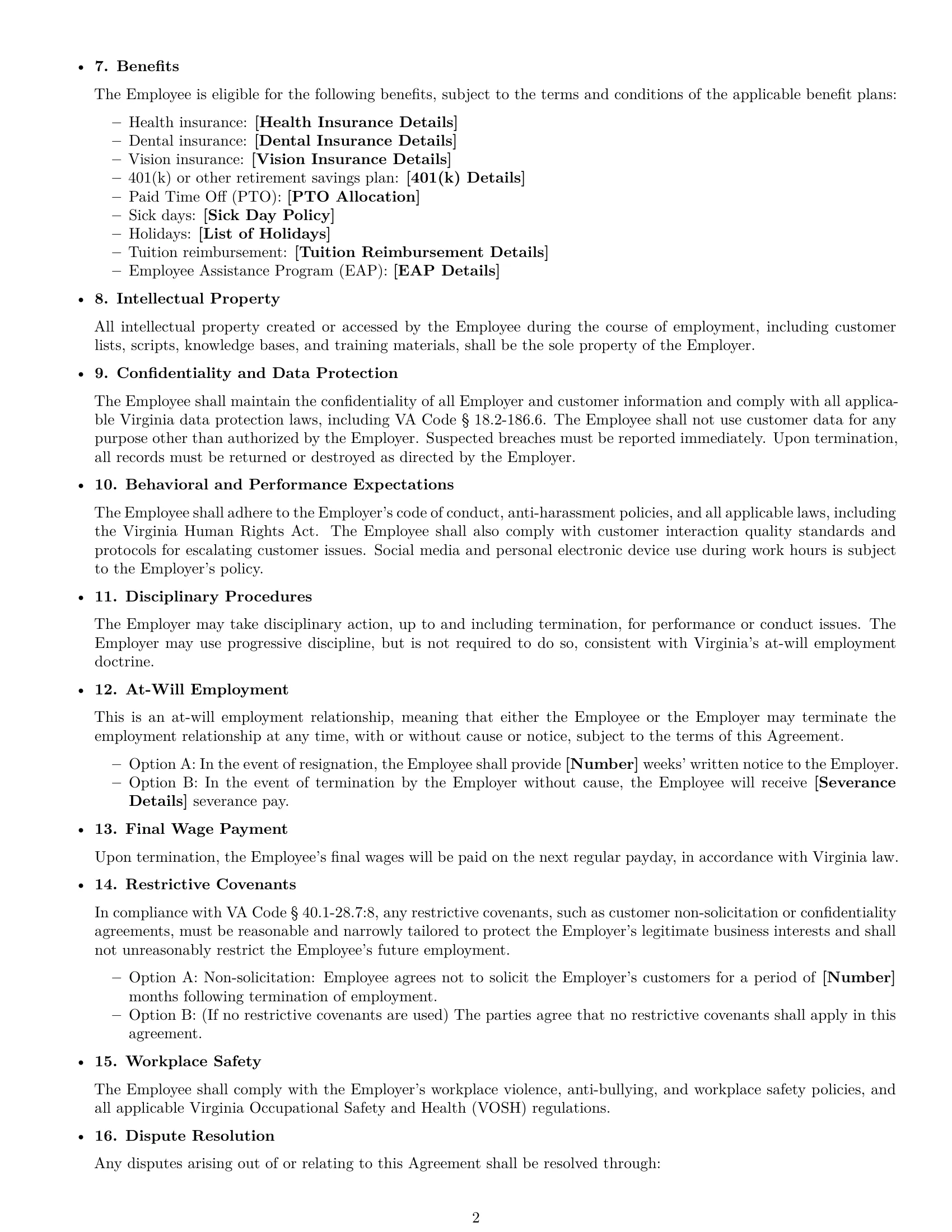 Preview page 2 of Free Virginia customer service representative employment contract template