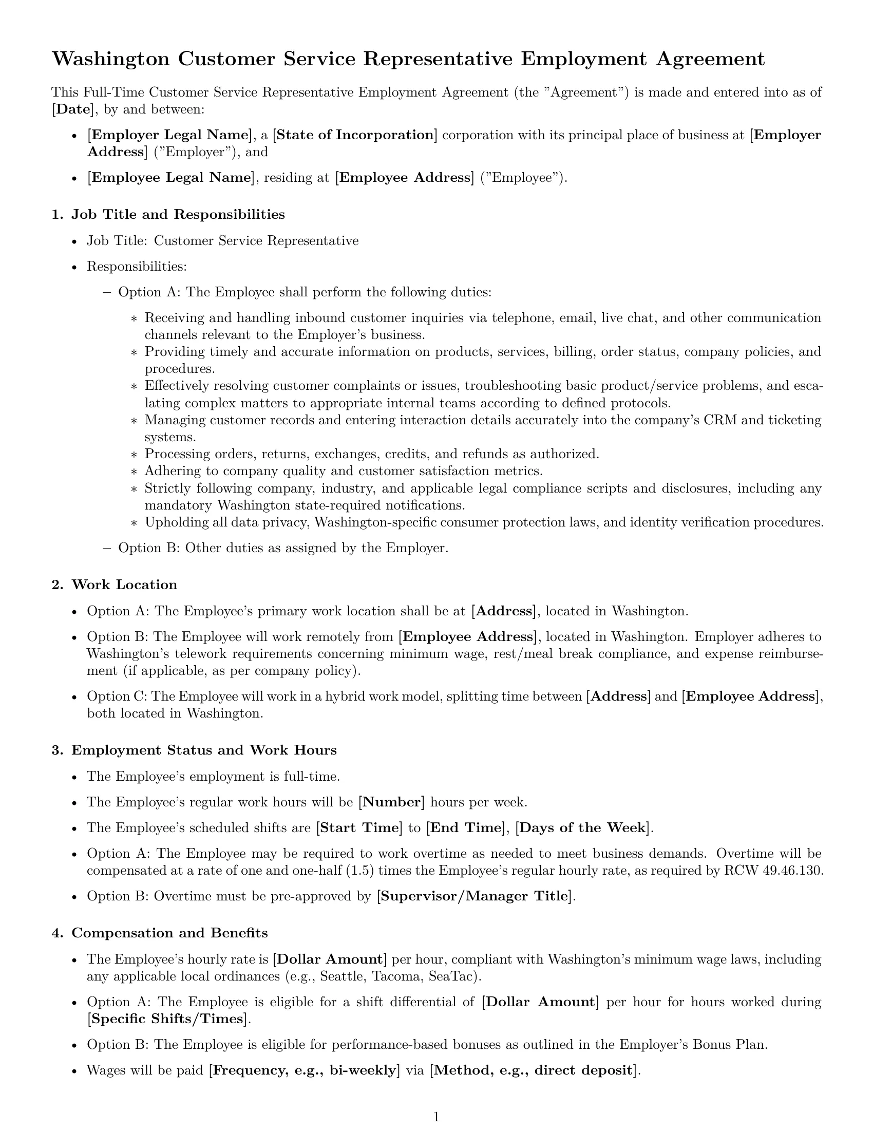 Preview page 1 of Free Washington customer service representative employment contract template