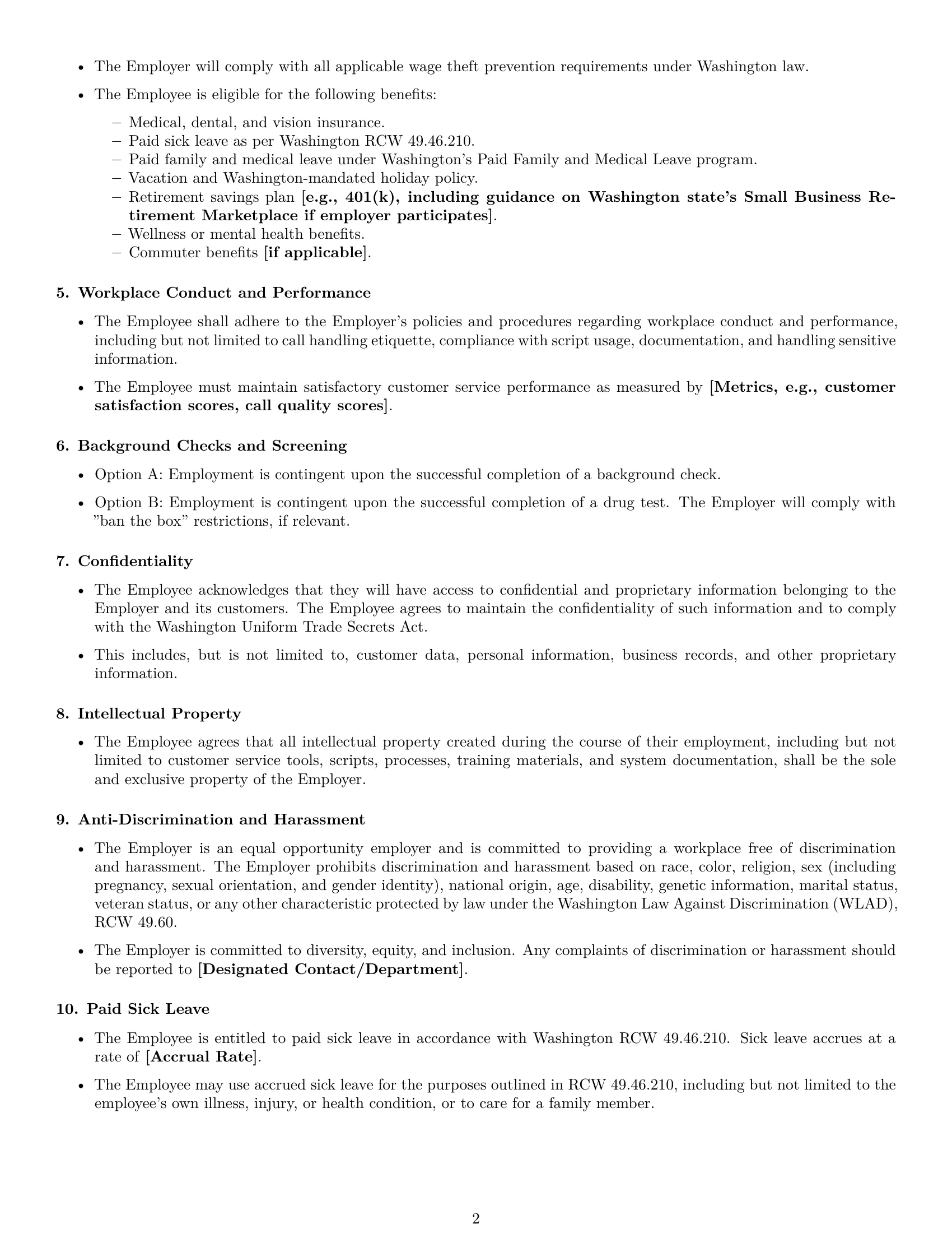 Preview page 2 of Free Washington customer service representative employment contract template