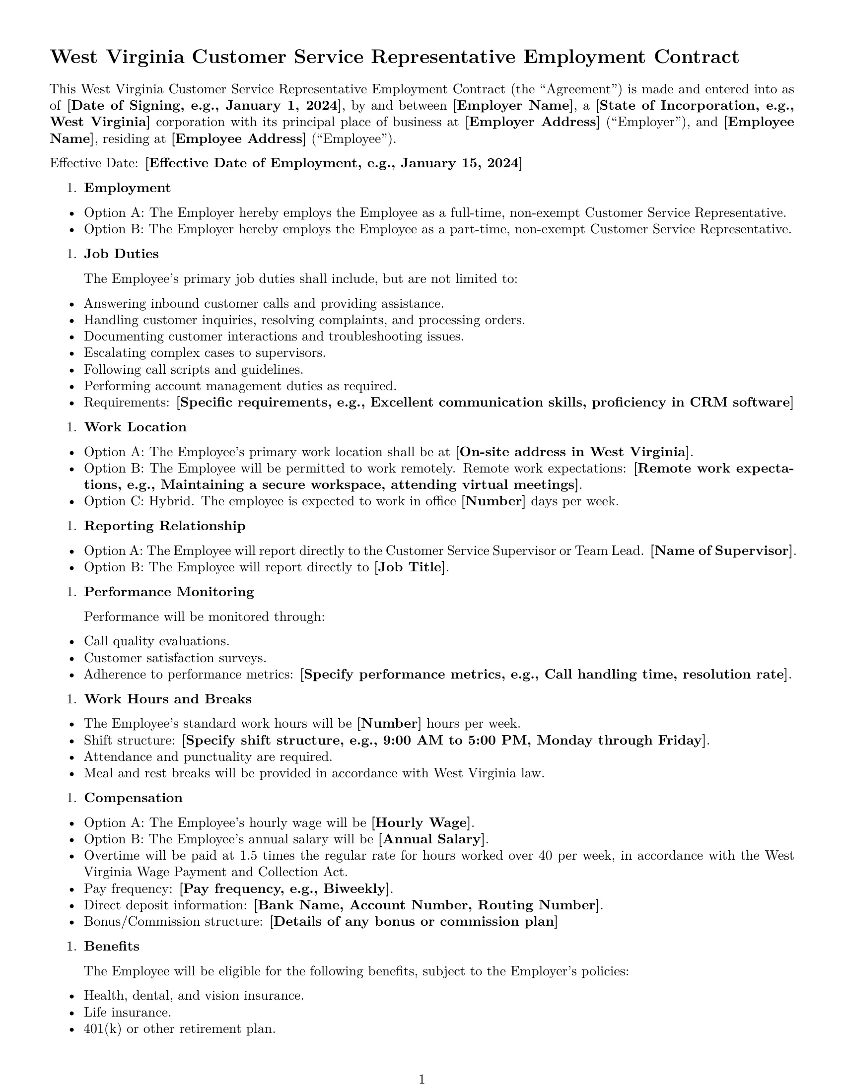 Preview page 1 of Free West Virginia customer service representative employment contract template