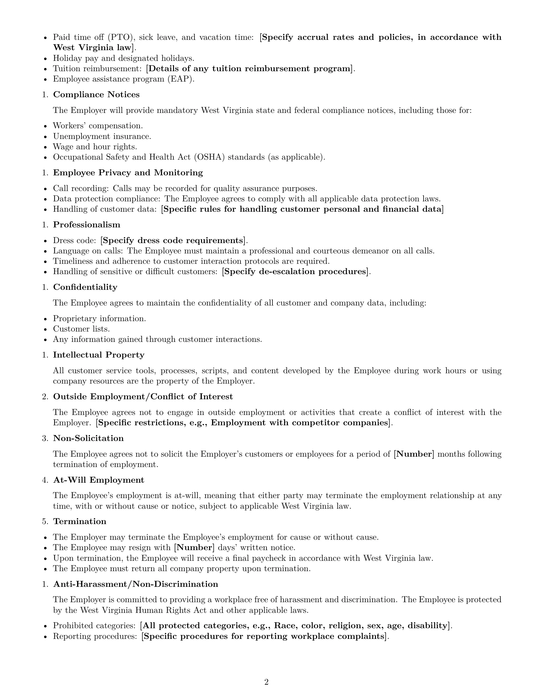 Preview page 2 of Free West Virginia customer service representative employment contract template