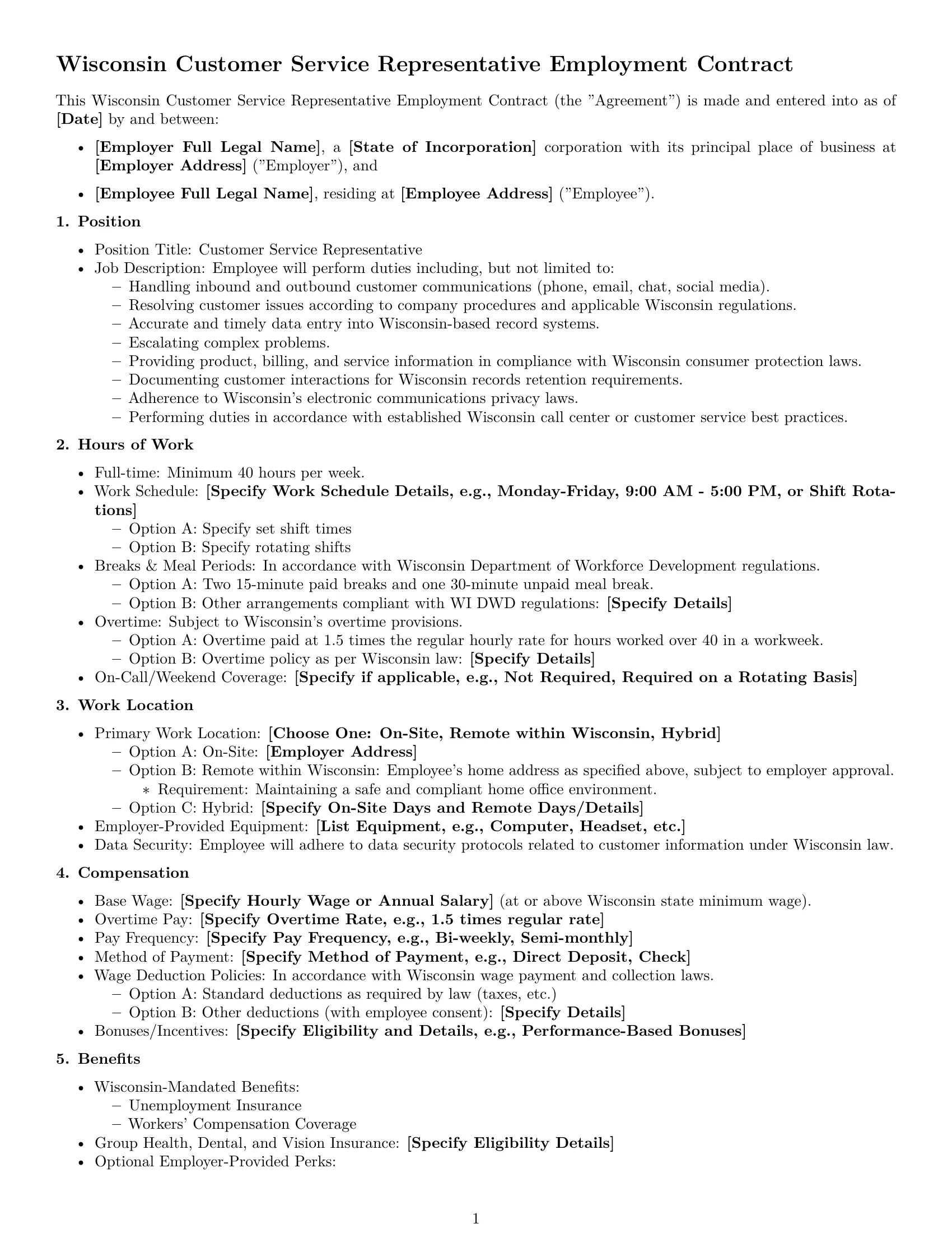 Preview page 1 of Free Wisconsin customer service representative employment contract template