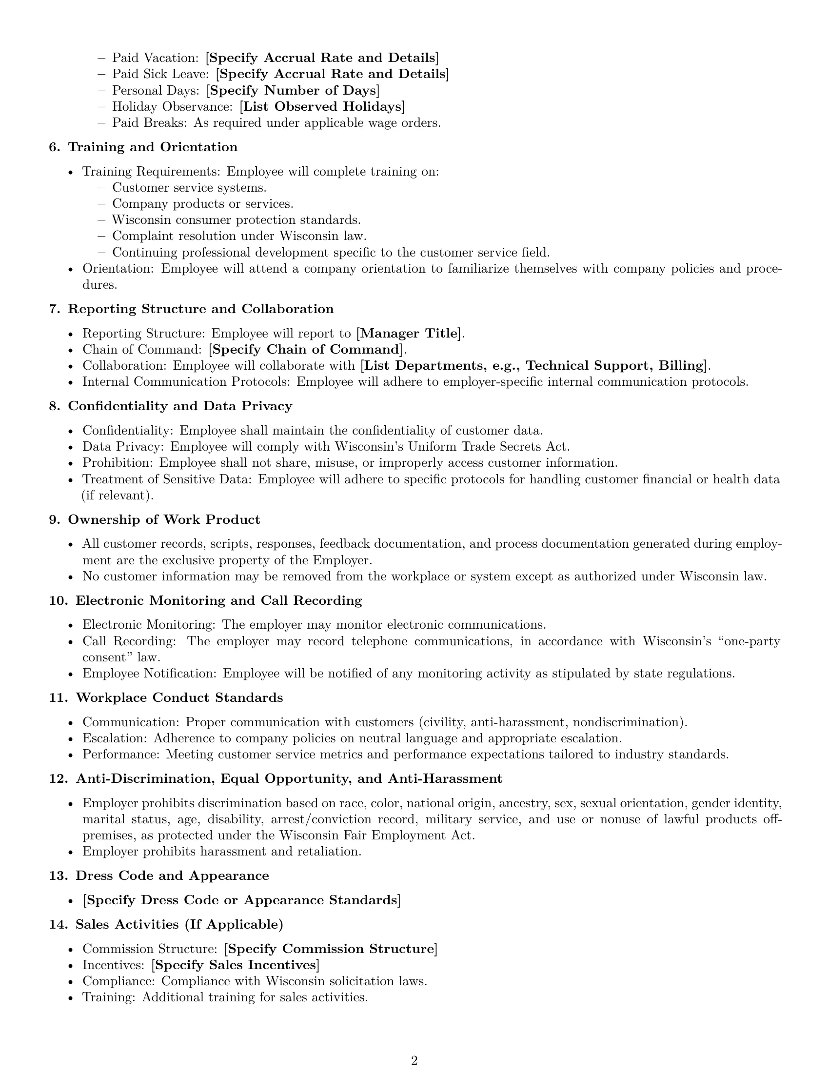 Preview page 2 of Free Wisconsin customer service representative employment contract template