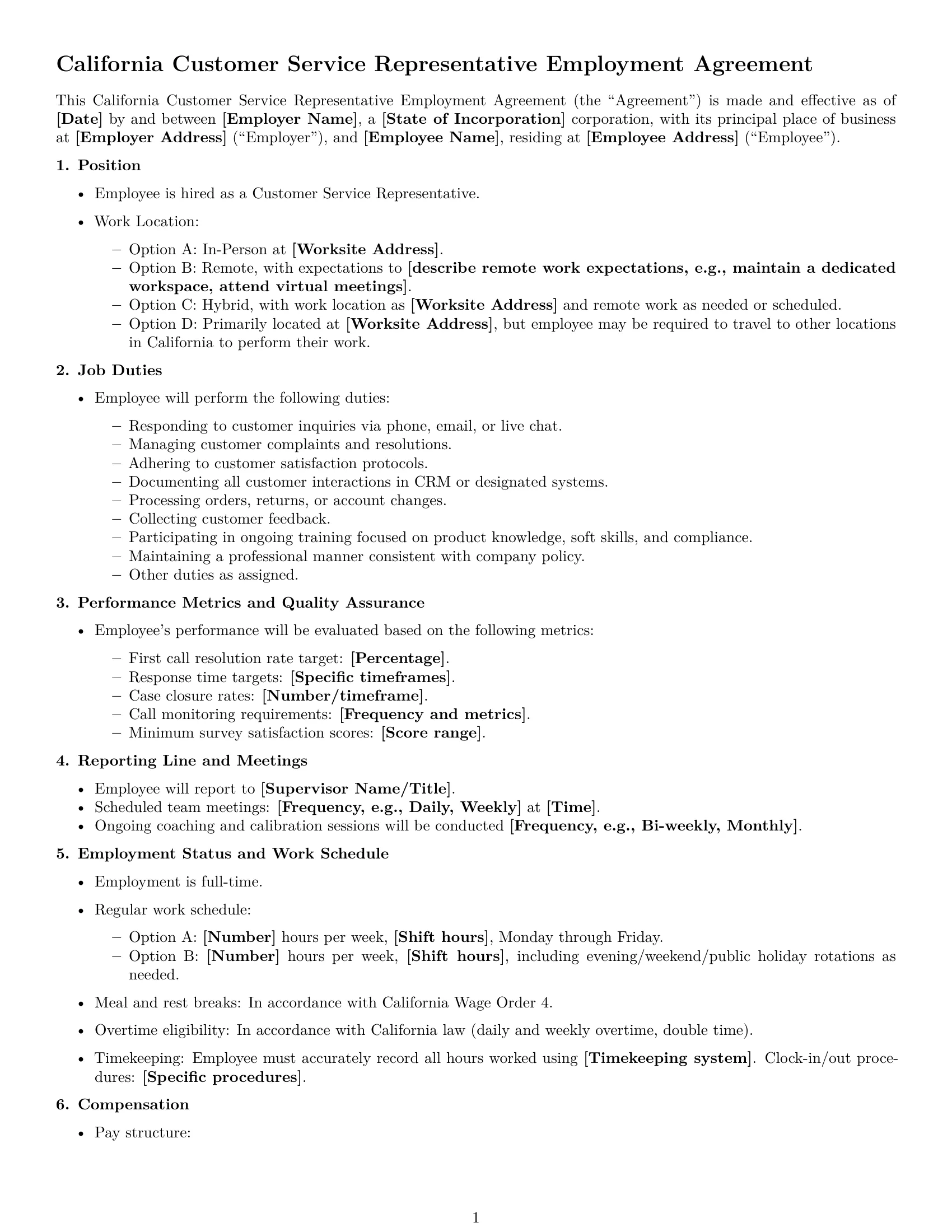 Preview page 1 of Free California customer service representative employment contract template
