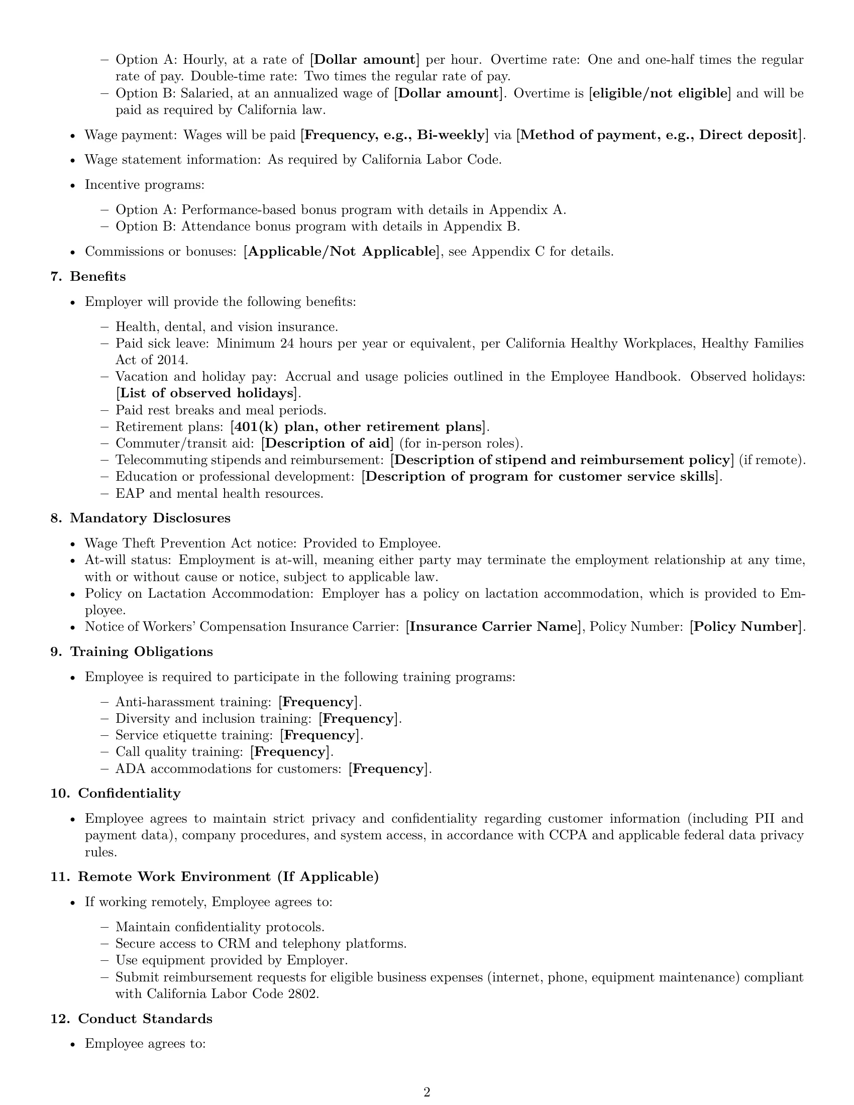 Preview page 2 of Free California customer service representative employment contract template