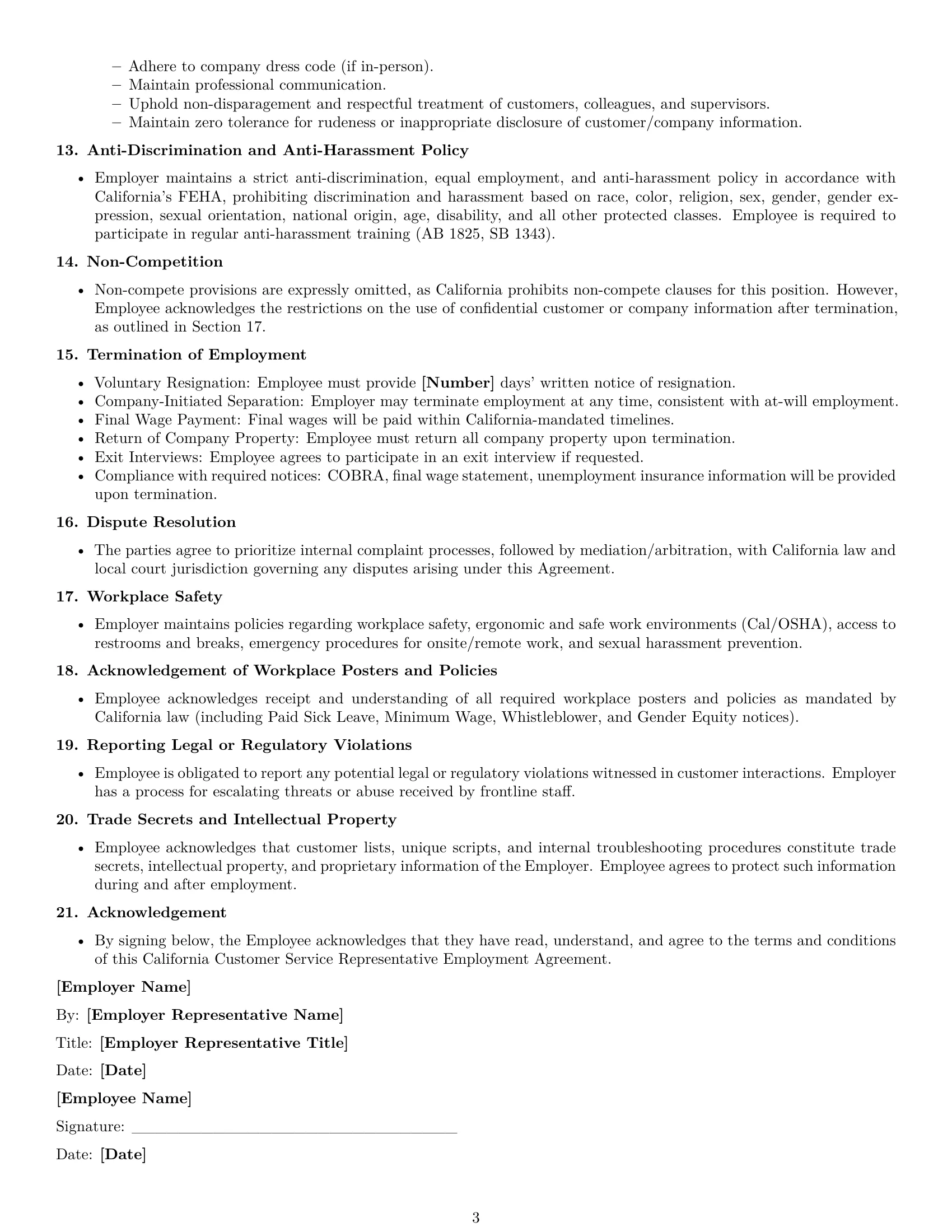Preview page 3 of Free California customer service representative employment contract template