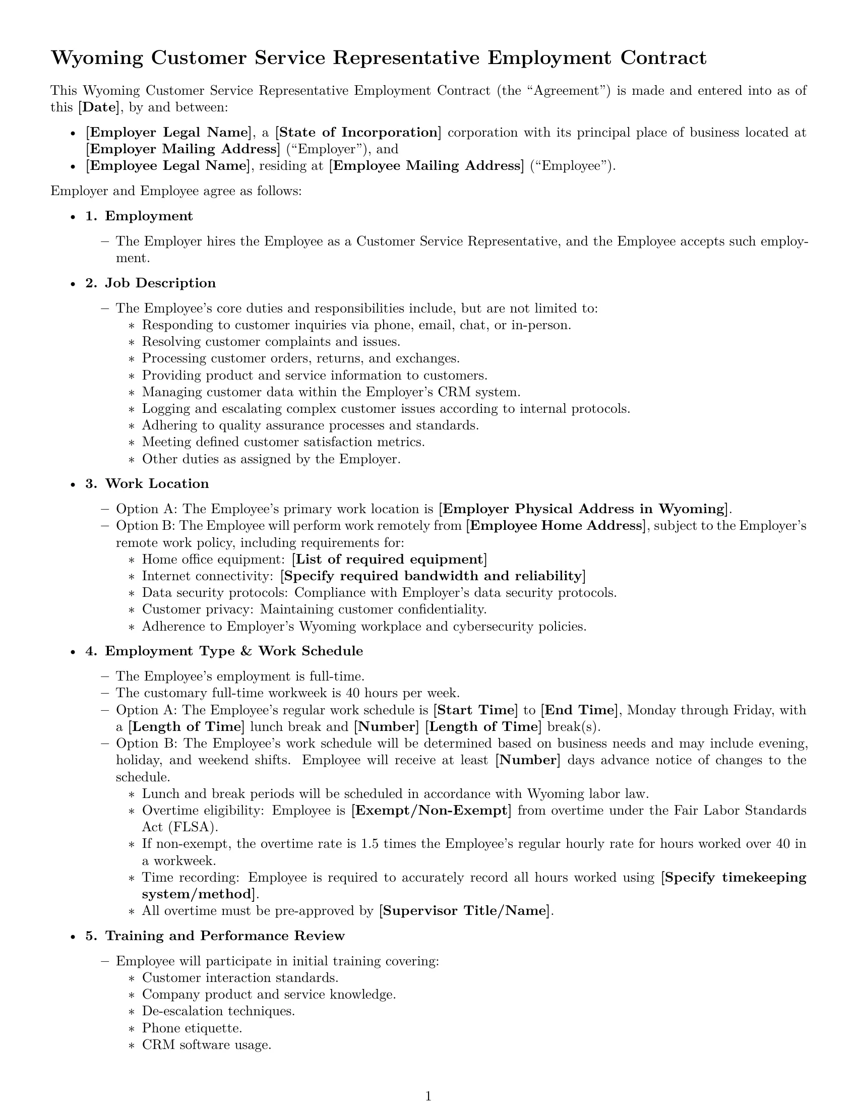 Preview page 1 of Free Wyoming customer service representative employment contract template
