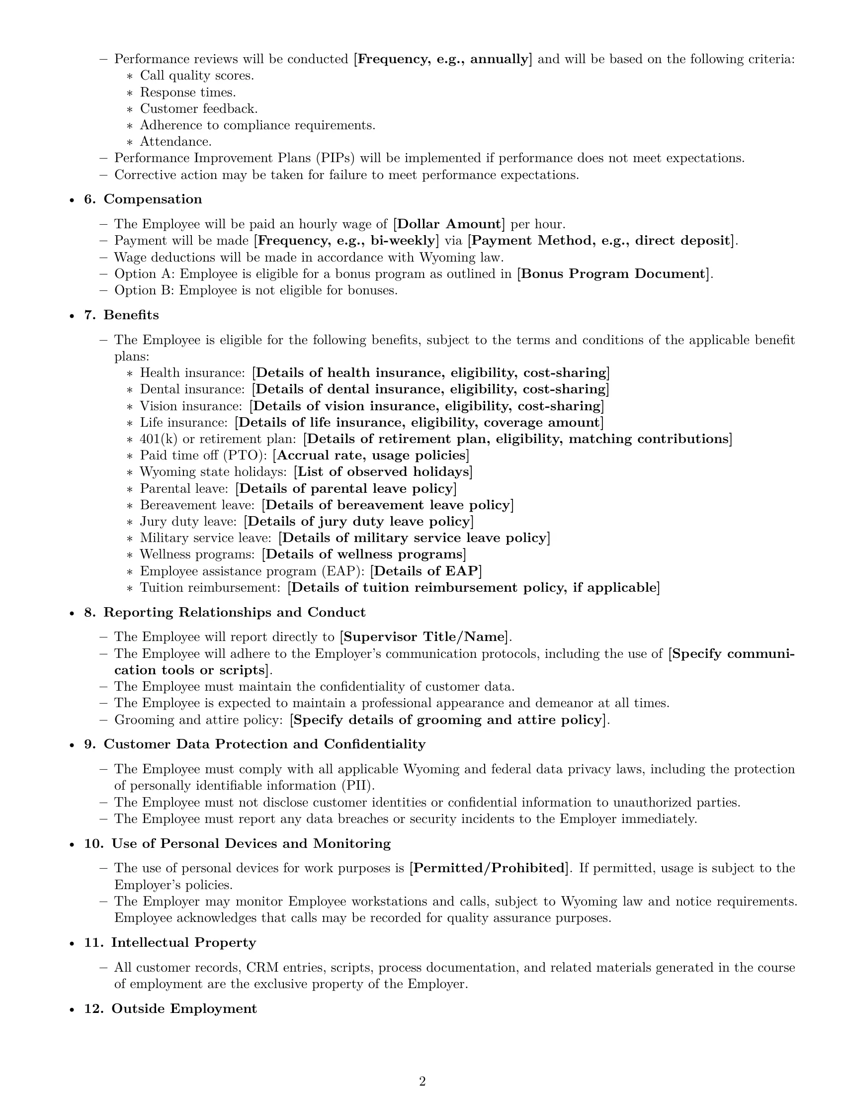 Preview page 2 of Free Wyoming customer service representative employment contract template