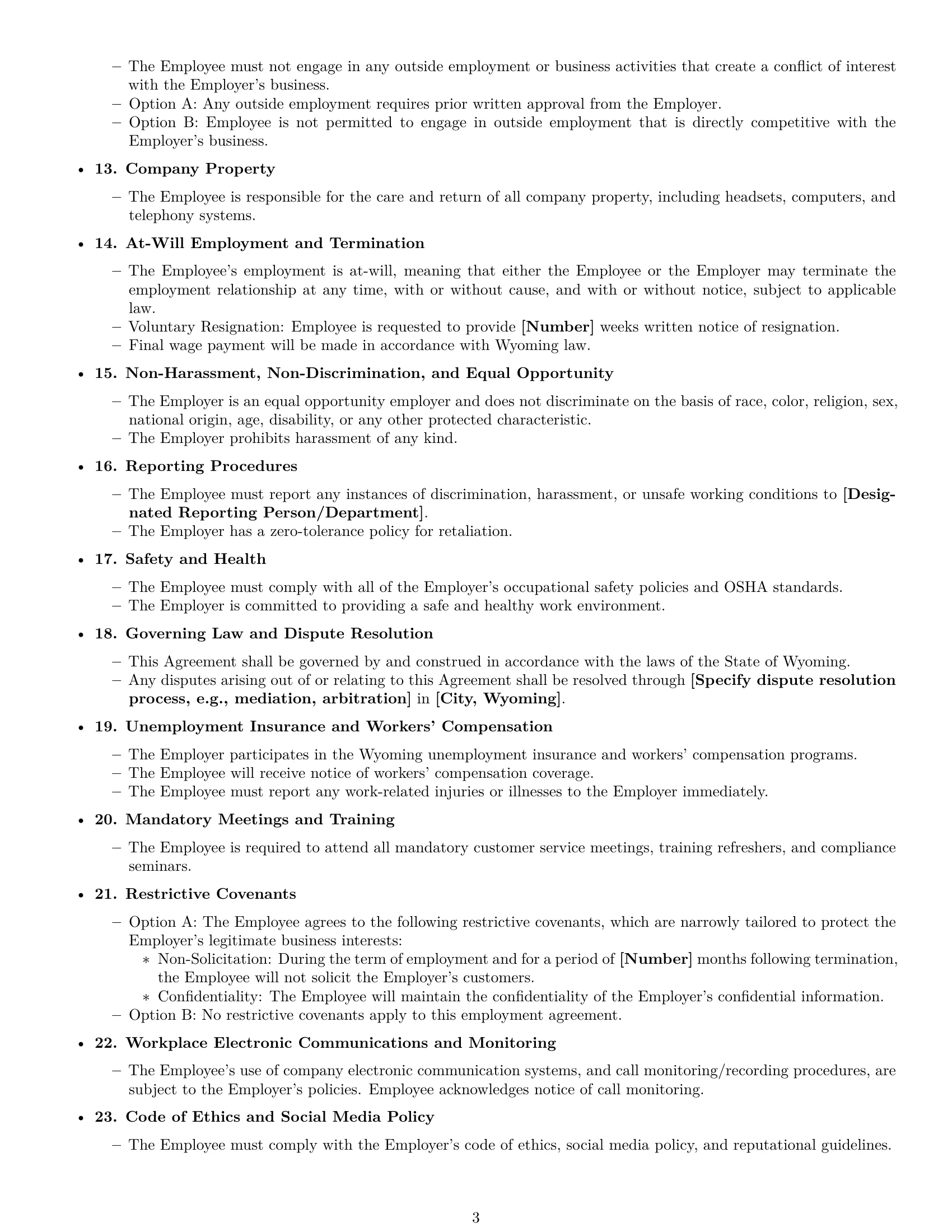 Preview page 3 of Free Wyoming customer service representative employment contract template