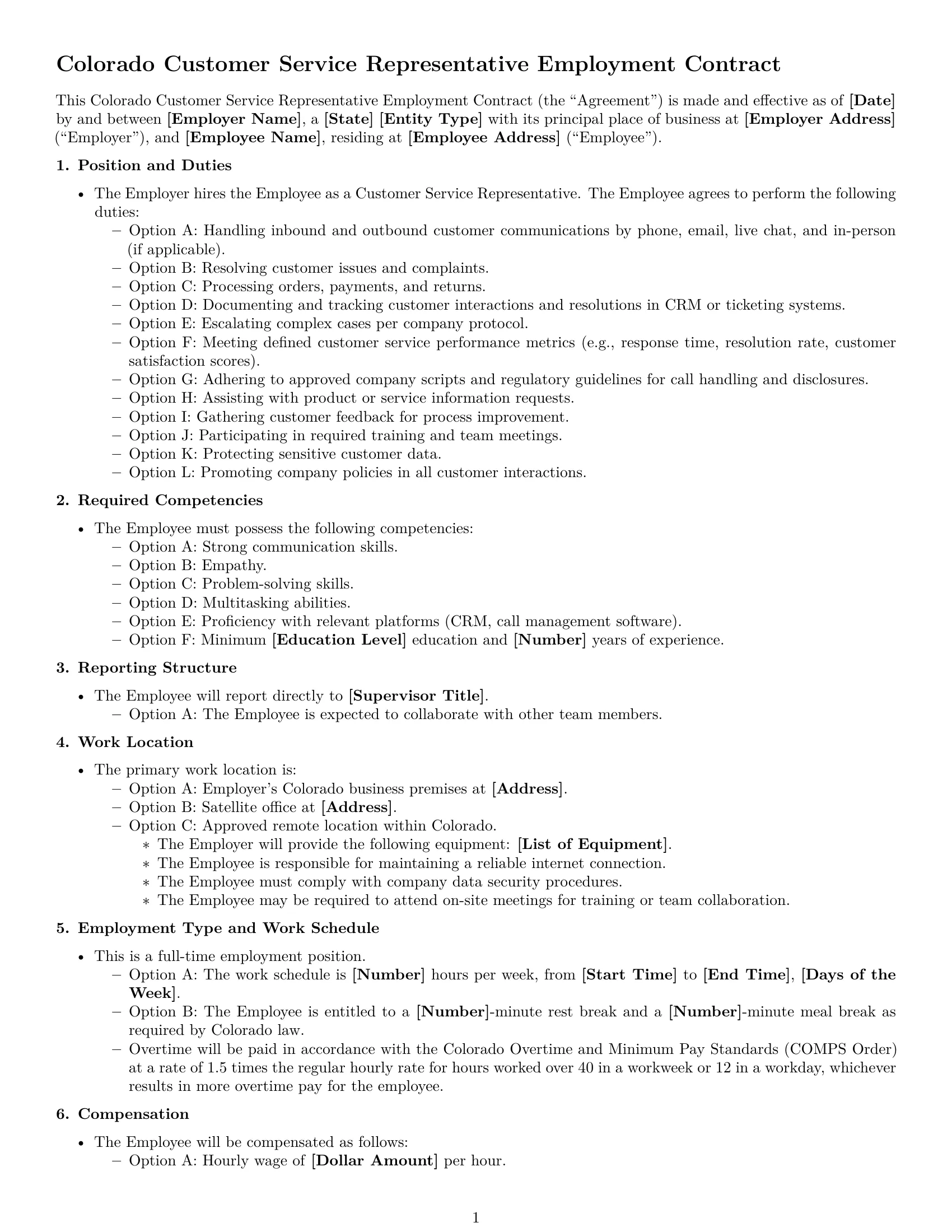 Preview page 1 of Free Colorado customer service representative employment contract template