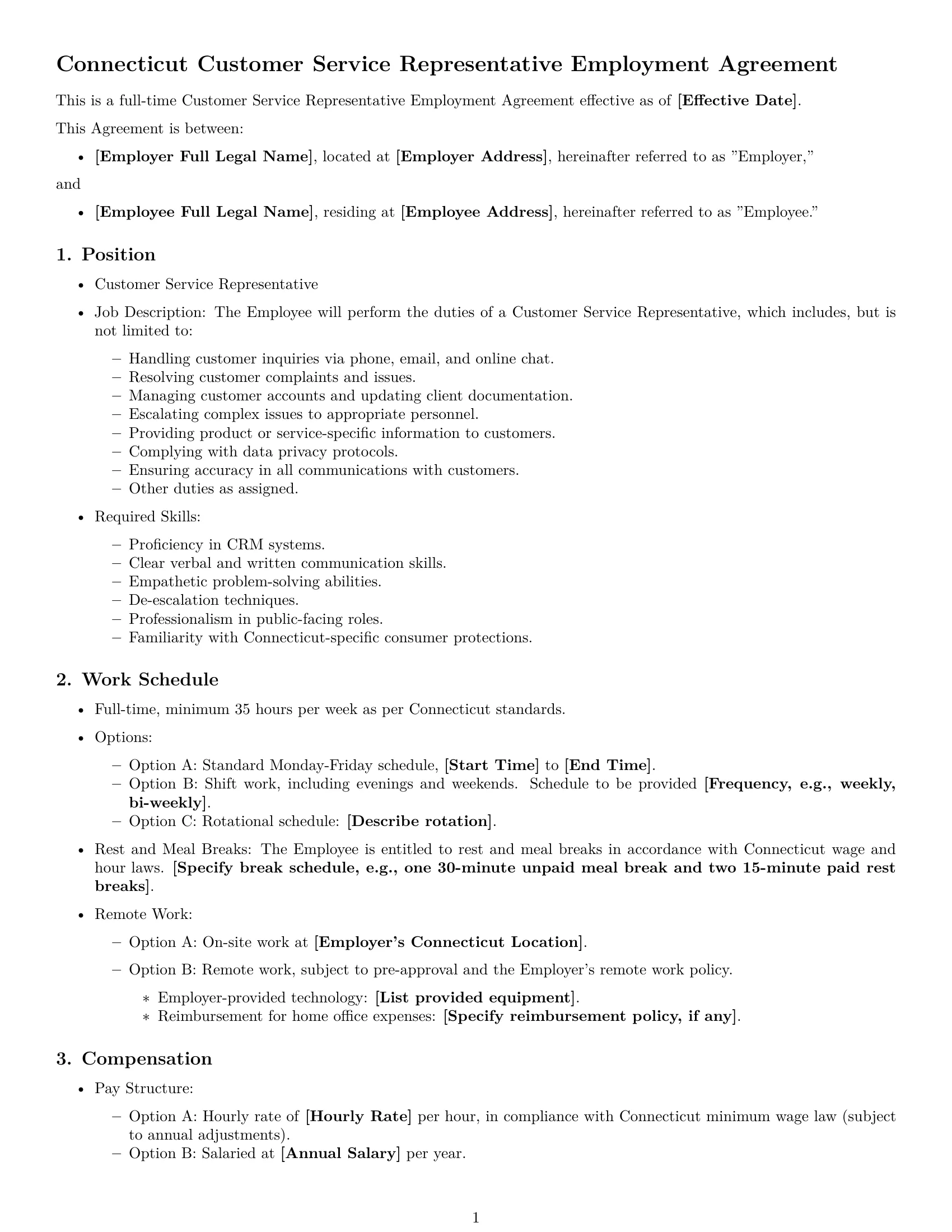 Preview page 1 of Free Connecticut customer service representative employment contract template
