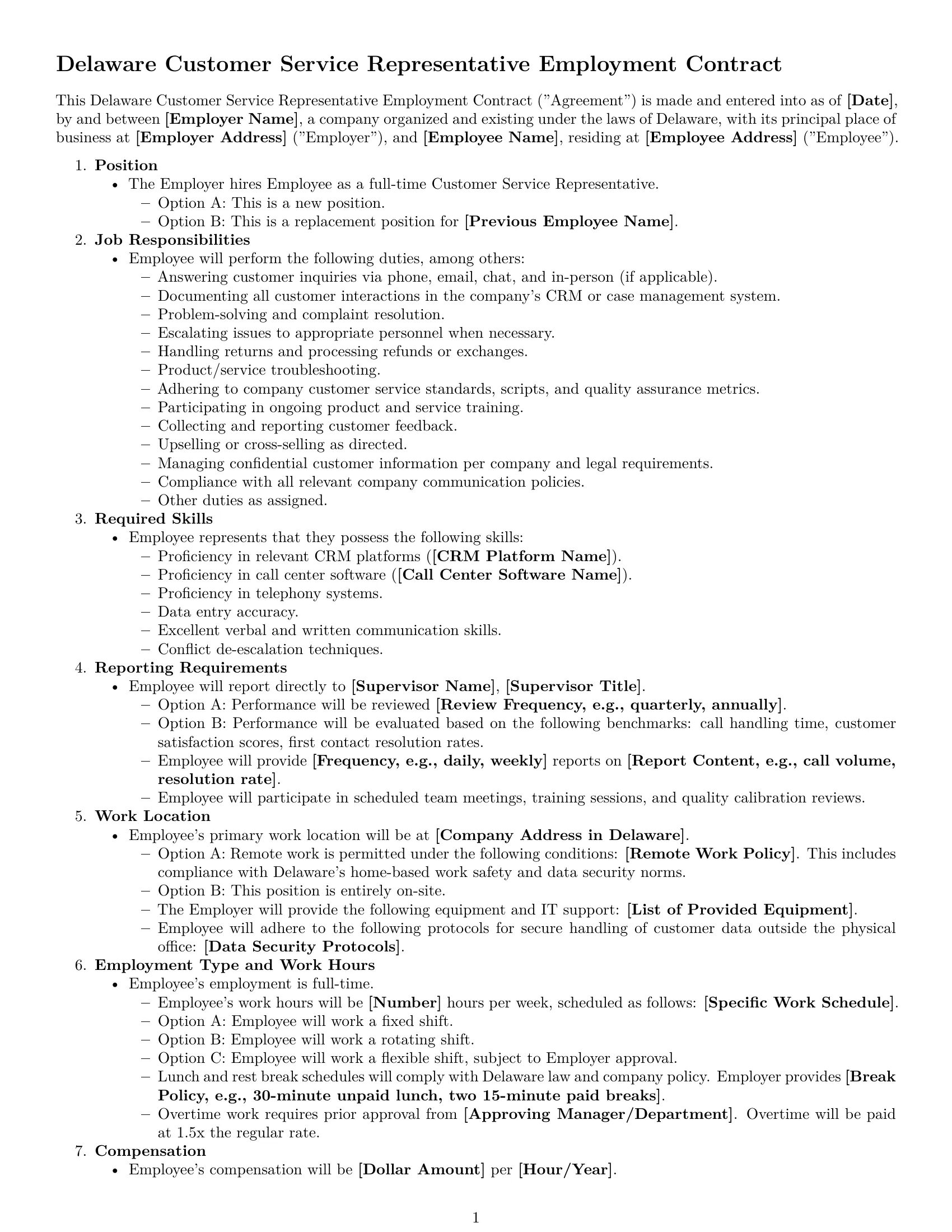 Preview page 1 of Free Delaware customer service representative employment contract template