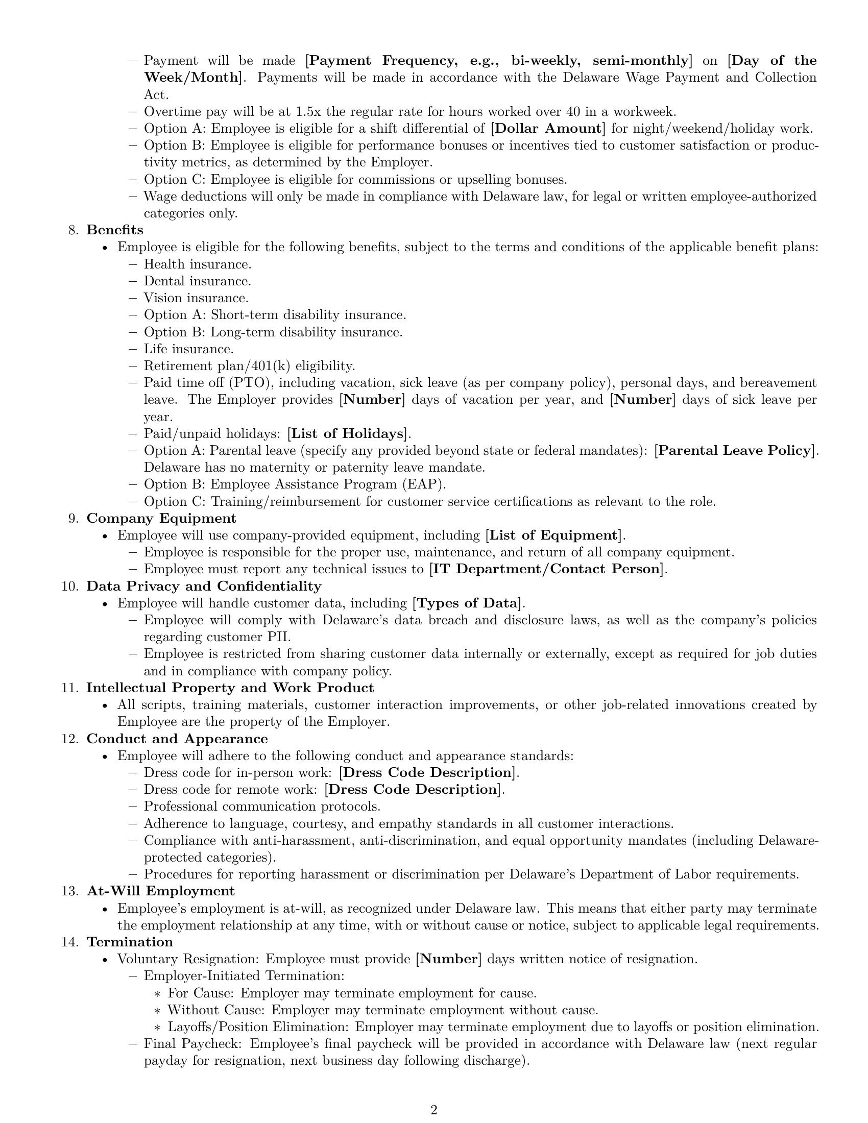 Preview page 2 of Free Delaware customer service representative employment contract template