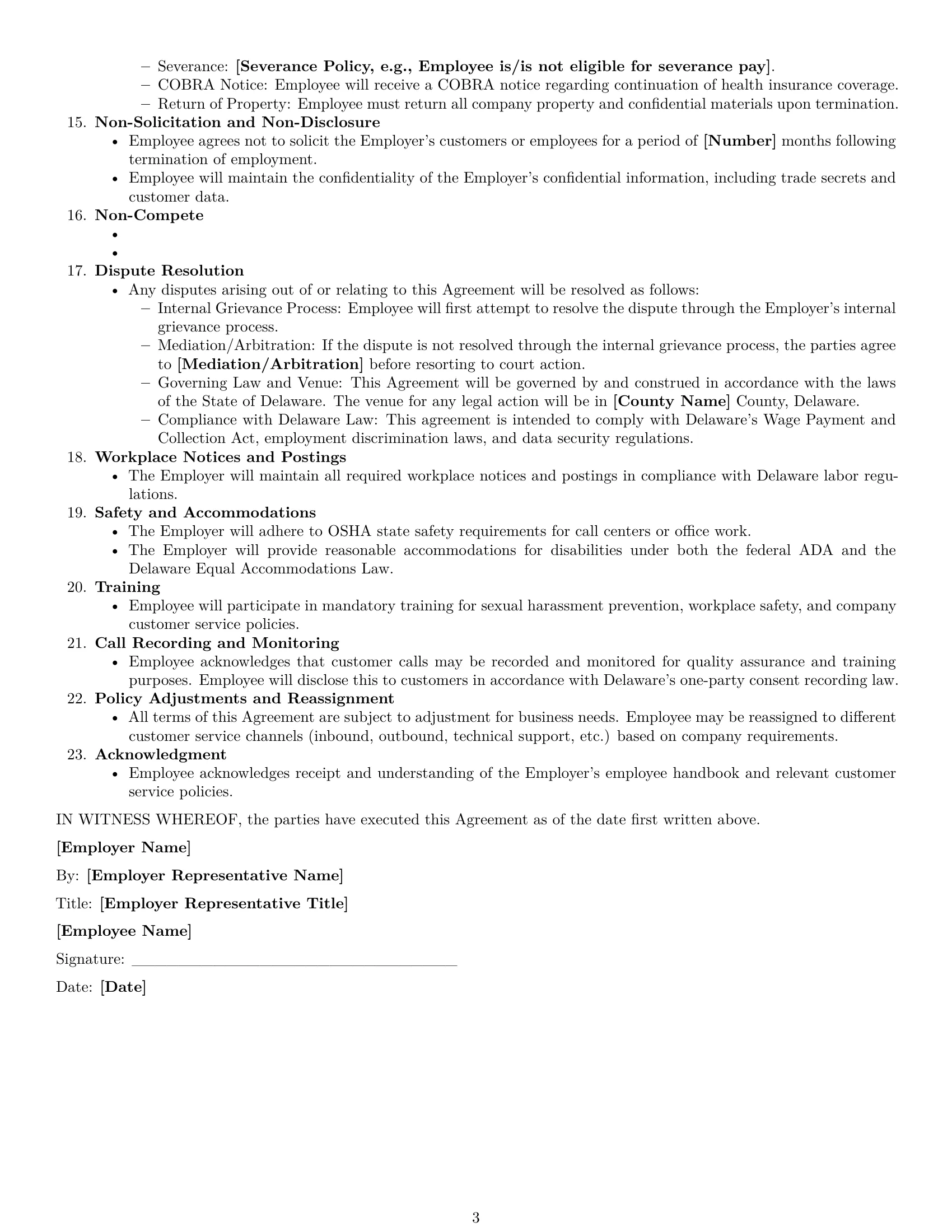 Preview page 3 of Free Delaware customer service representative employment contract template