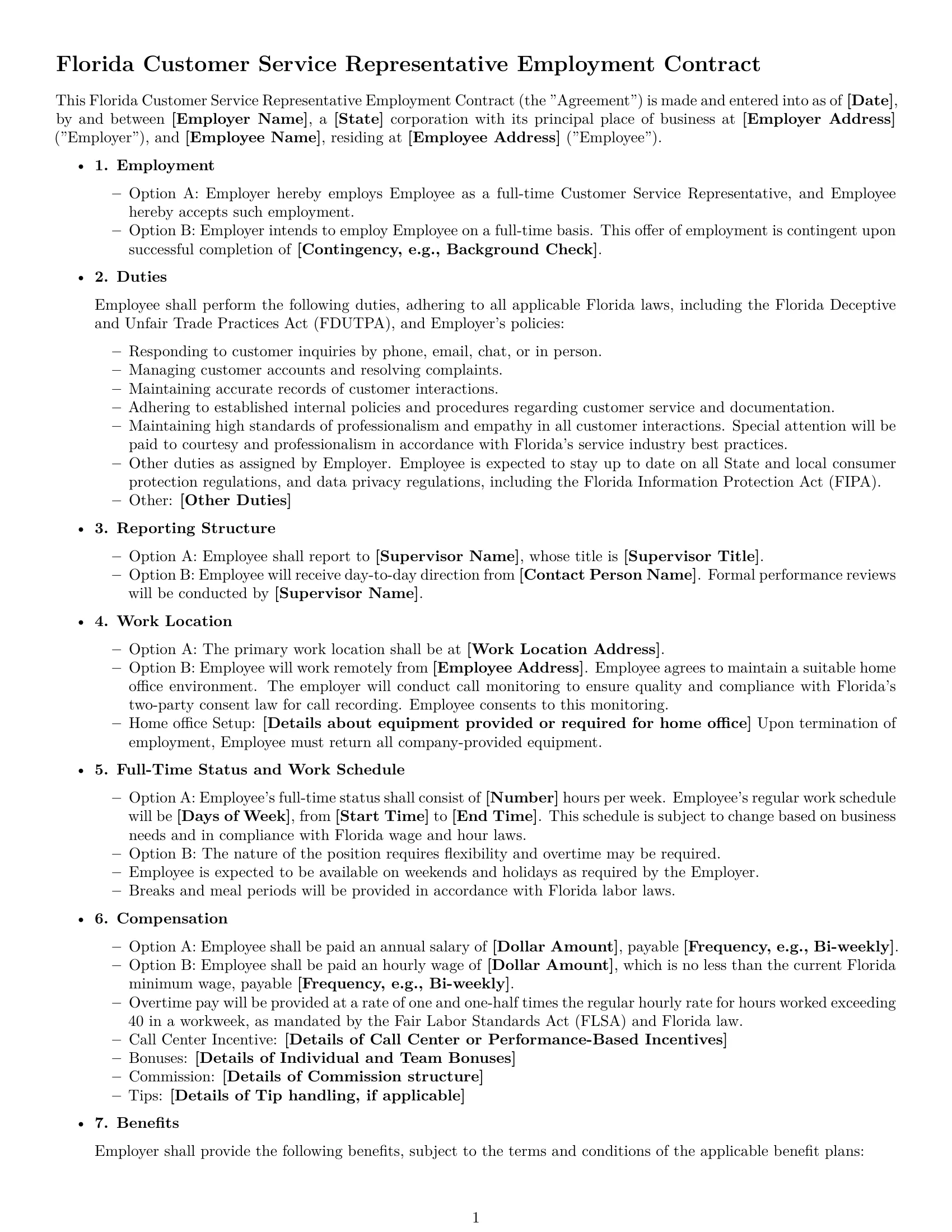Preview page 1 of Free Florida customer service representative employment contract template