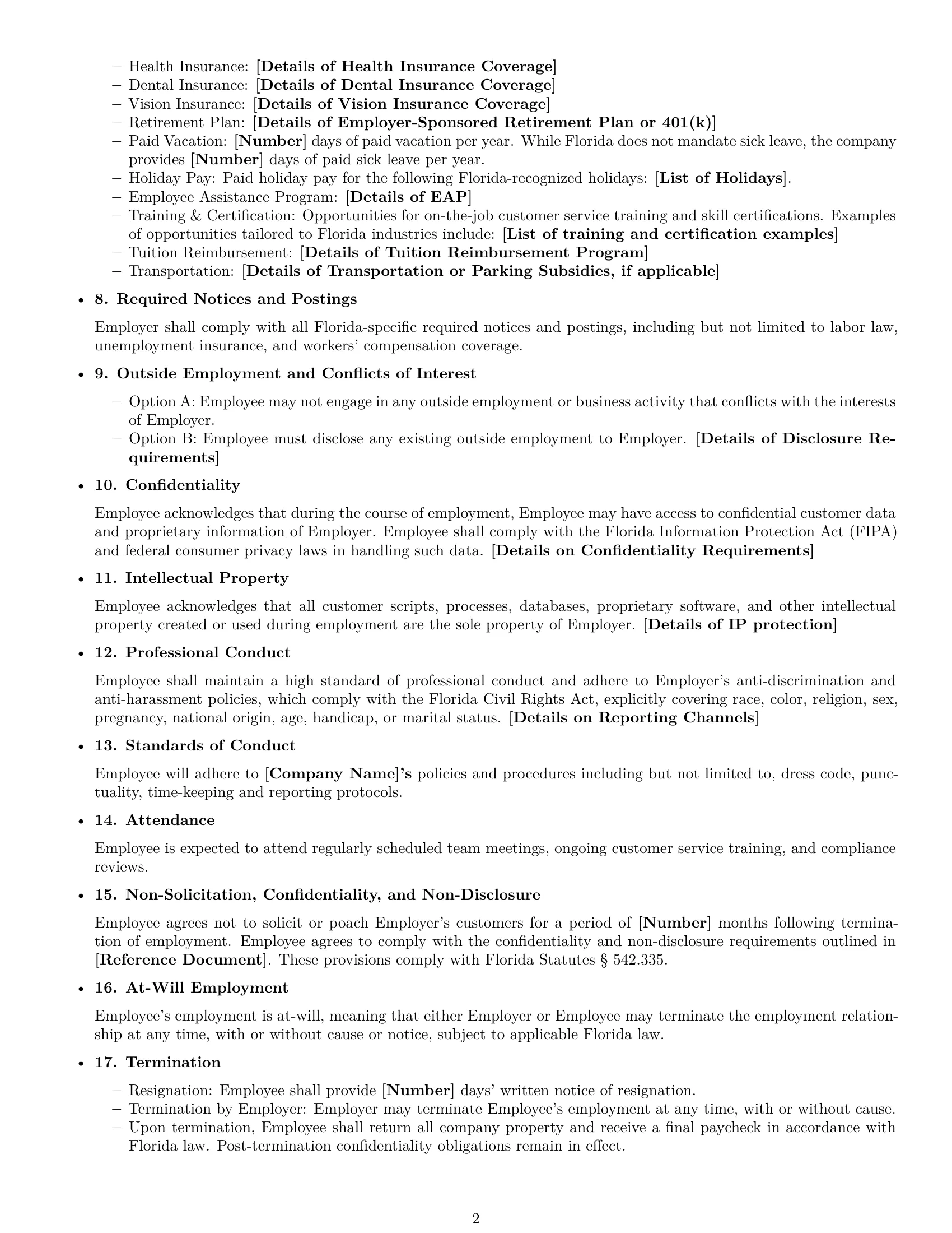 Preview page 2 of Free Florida customer service representative employment contract template