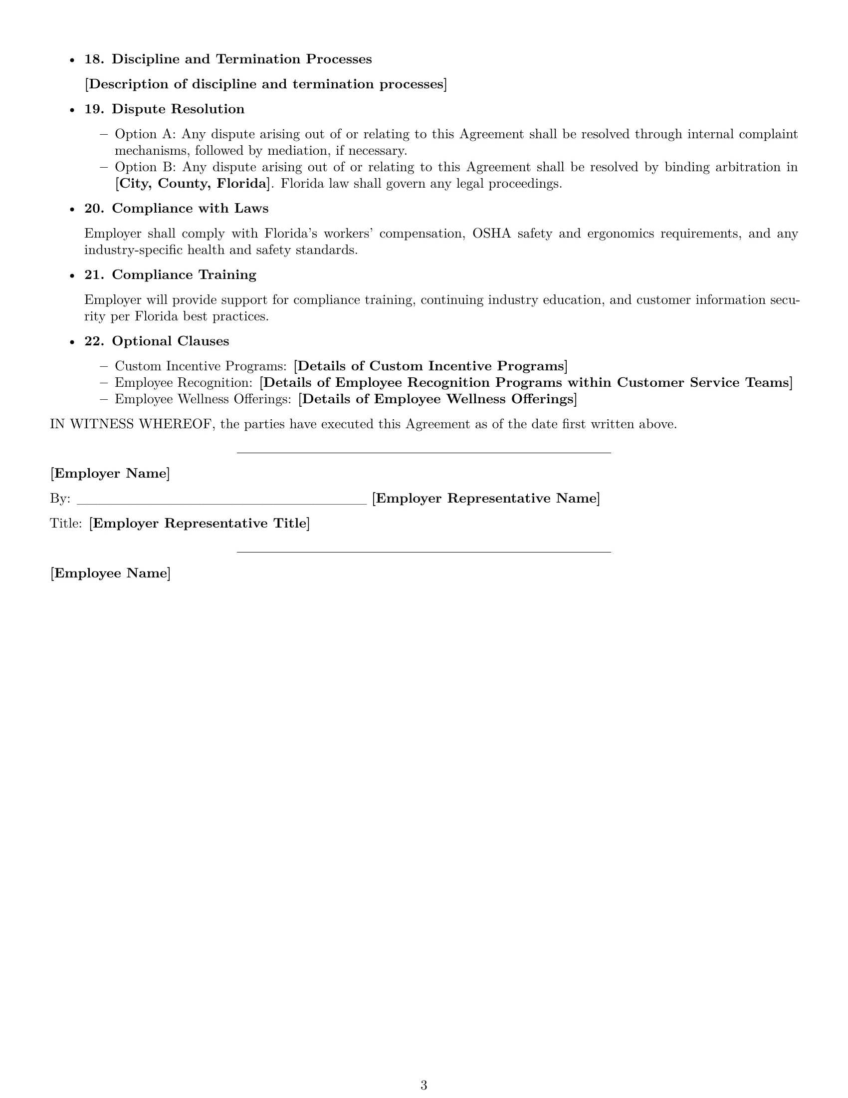 Preview page 3 of Free Florida customer service representative employment contract template