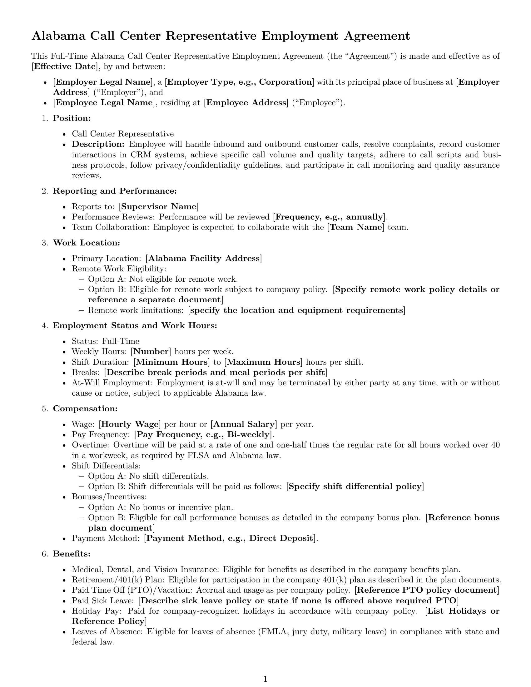 Preview page 1 of Free Alabama call center representative employment contract template