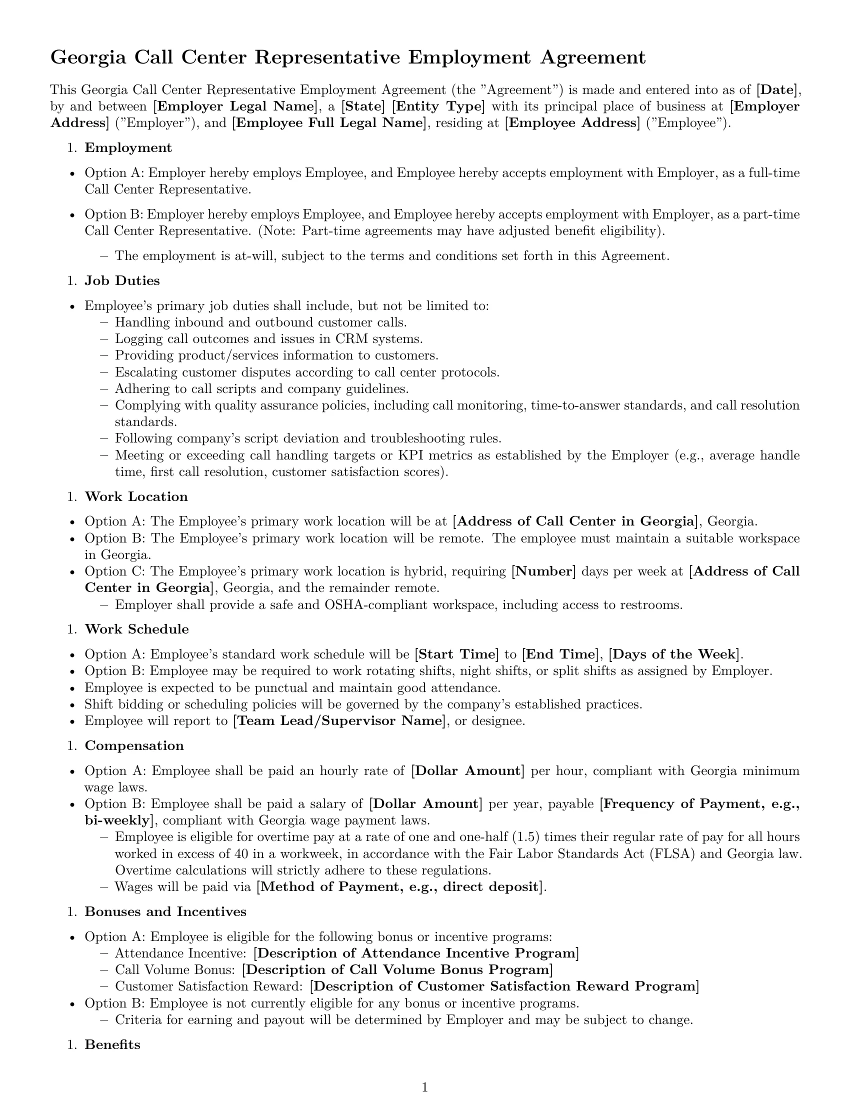 Preview page 1 of Free Georgia call center representative employment contract template