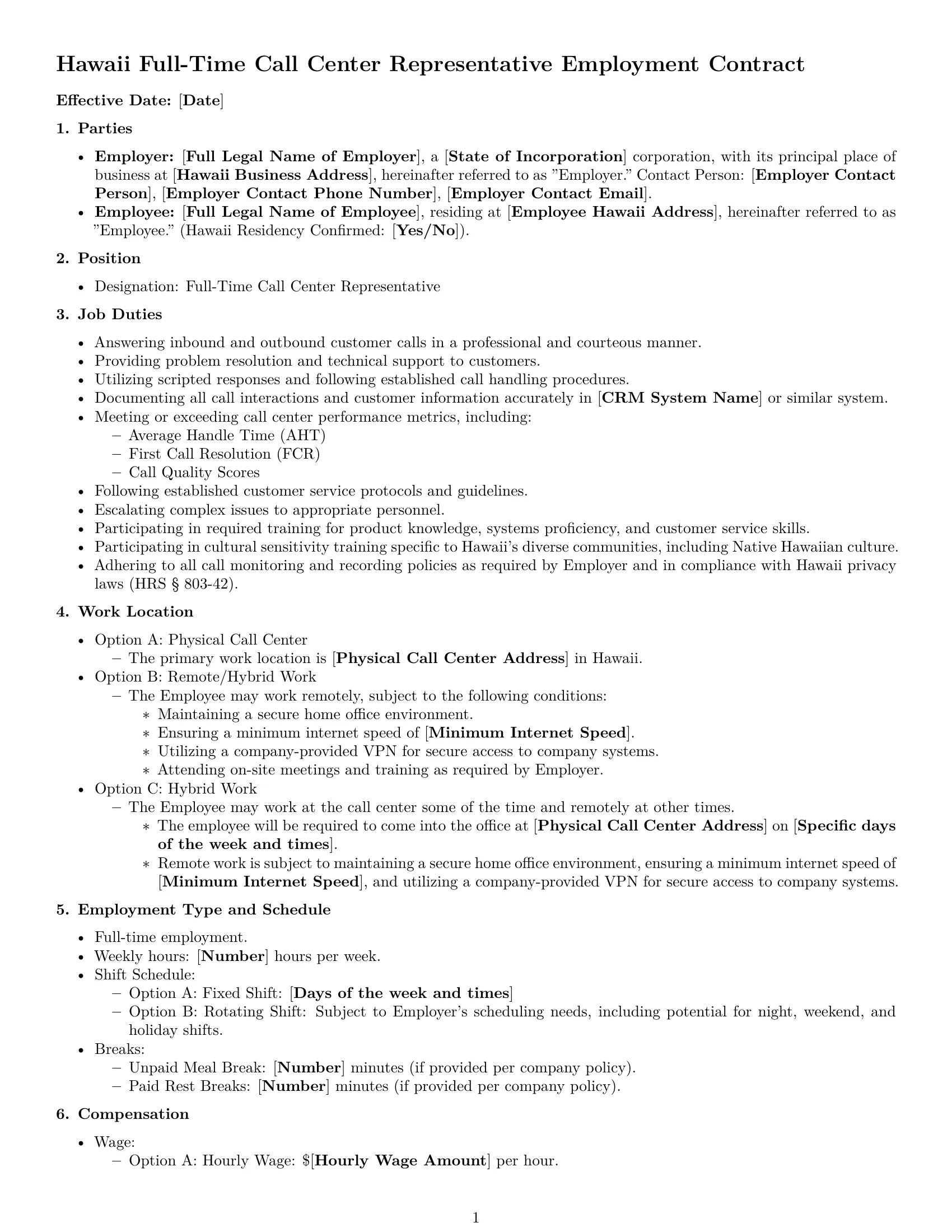 Preview page 1 of Free Hawaii call center representative employment contract template
