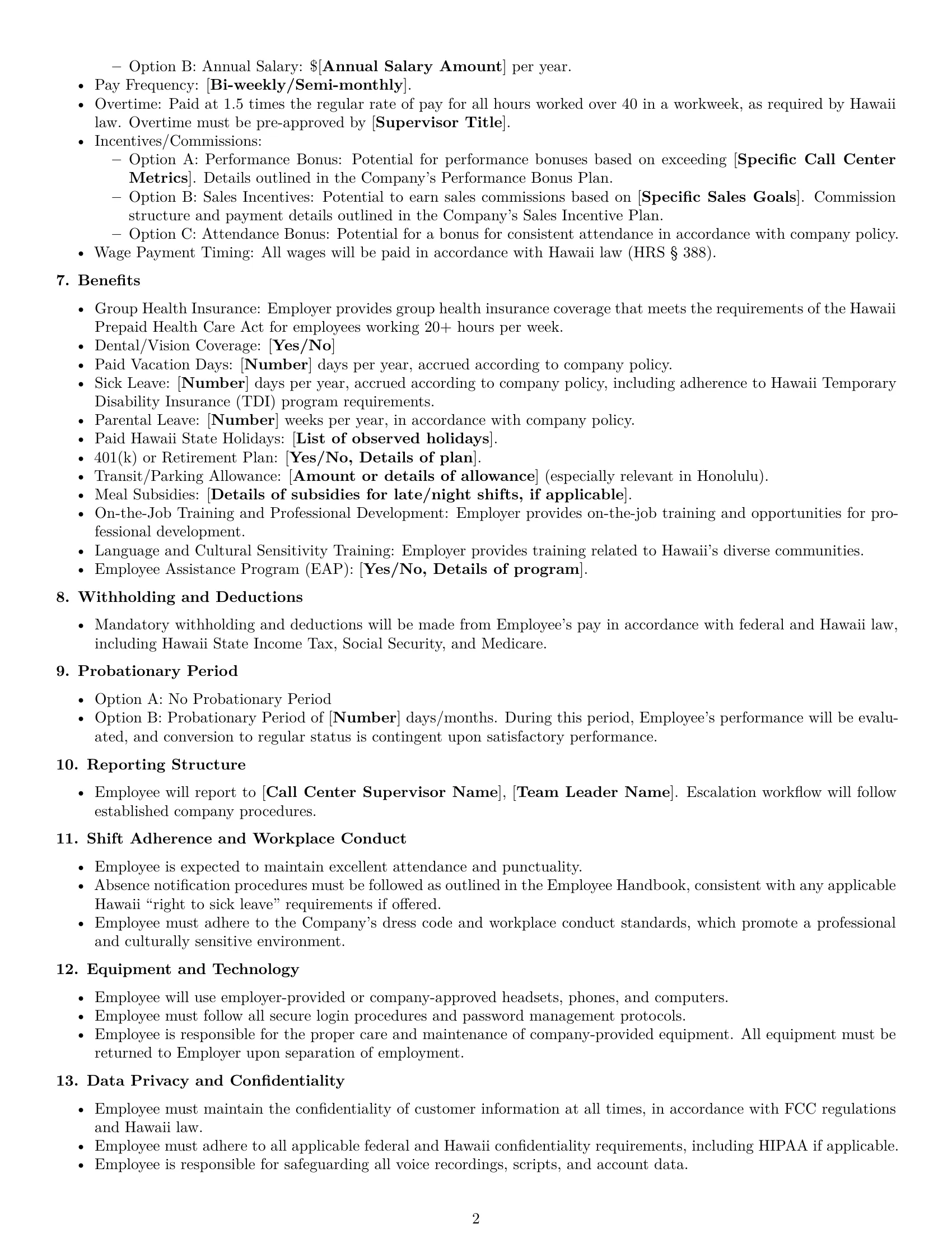 Preview page 2 of Free Hawaii call center representative employment contract template