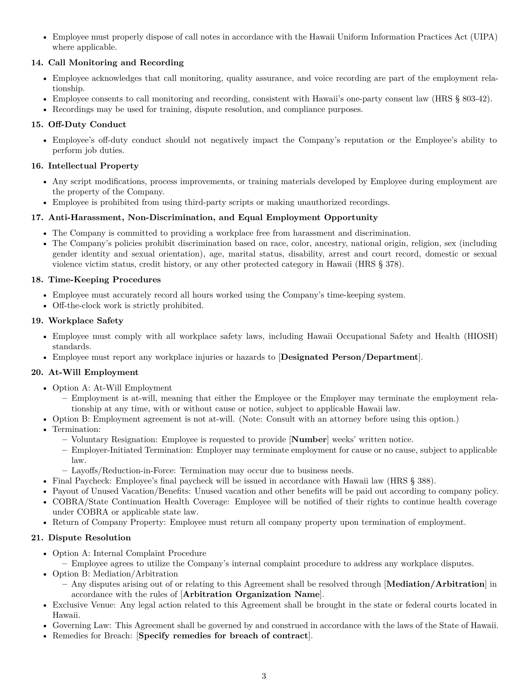 Preview page 3 of Free Hawaii call center representative employment contract template