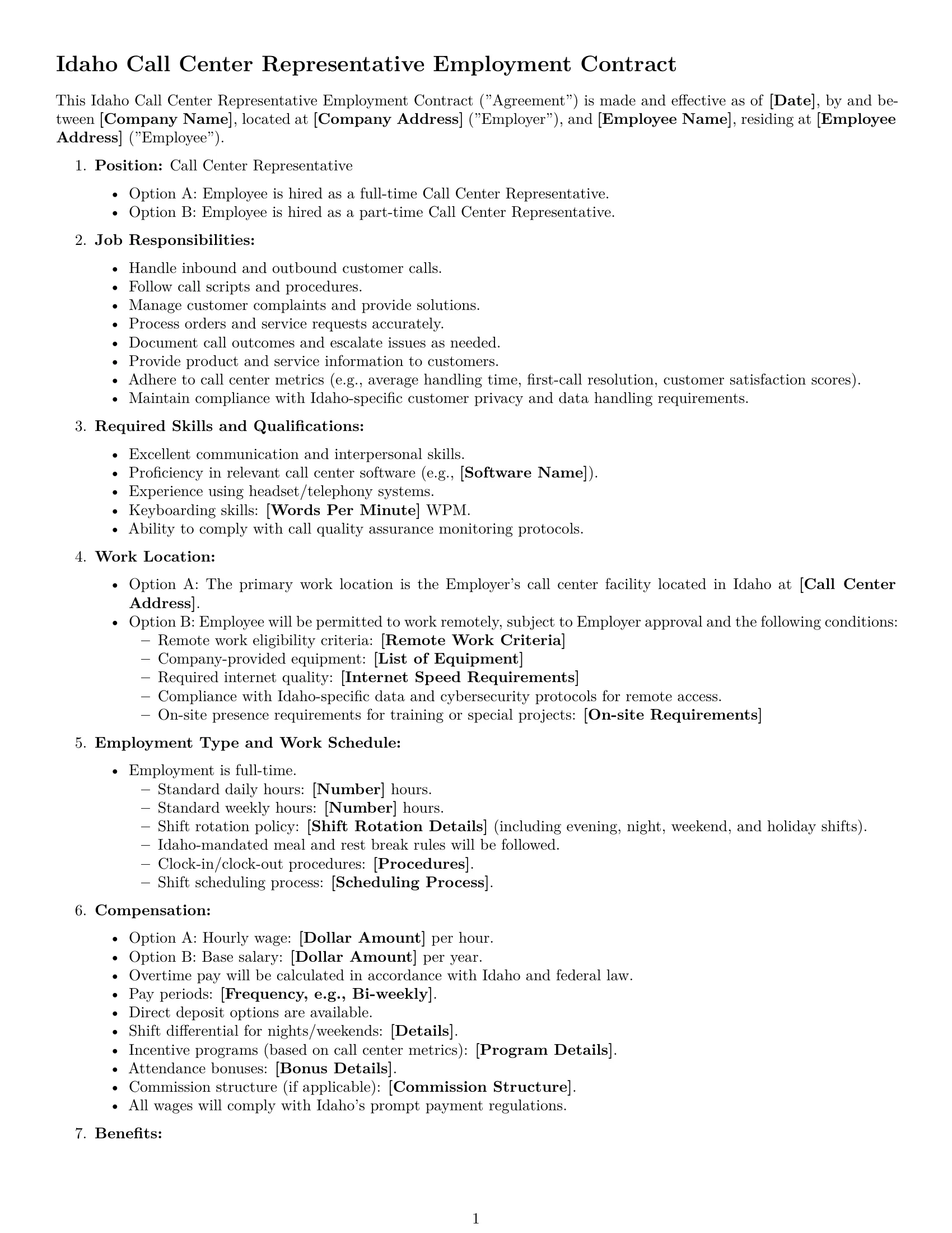 Preview page 1 of Free Idaho call center representative employment contract template