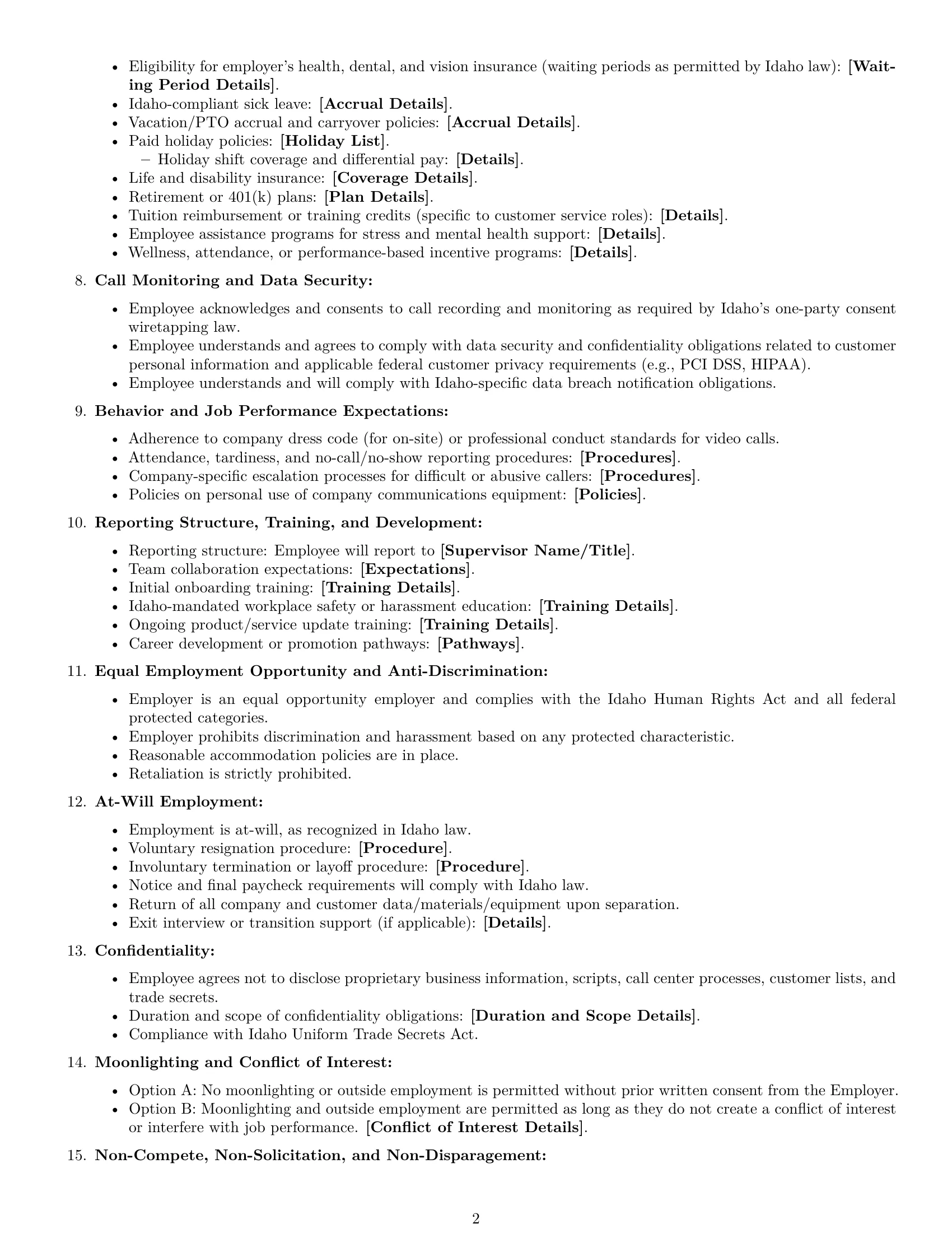 Preview page 2 of Free Idaho call center representative employment contract template
