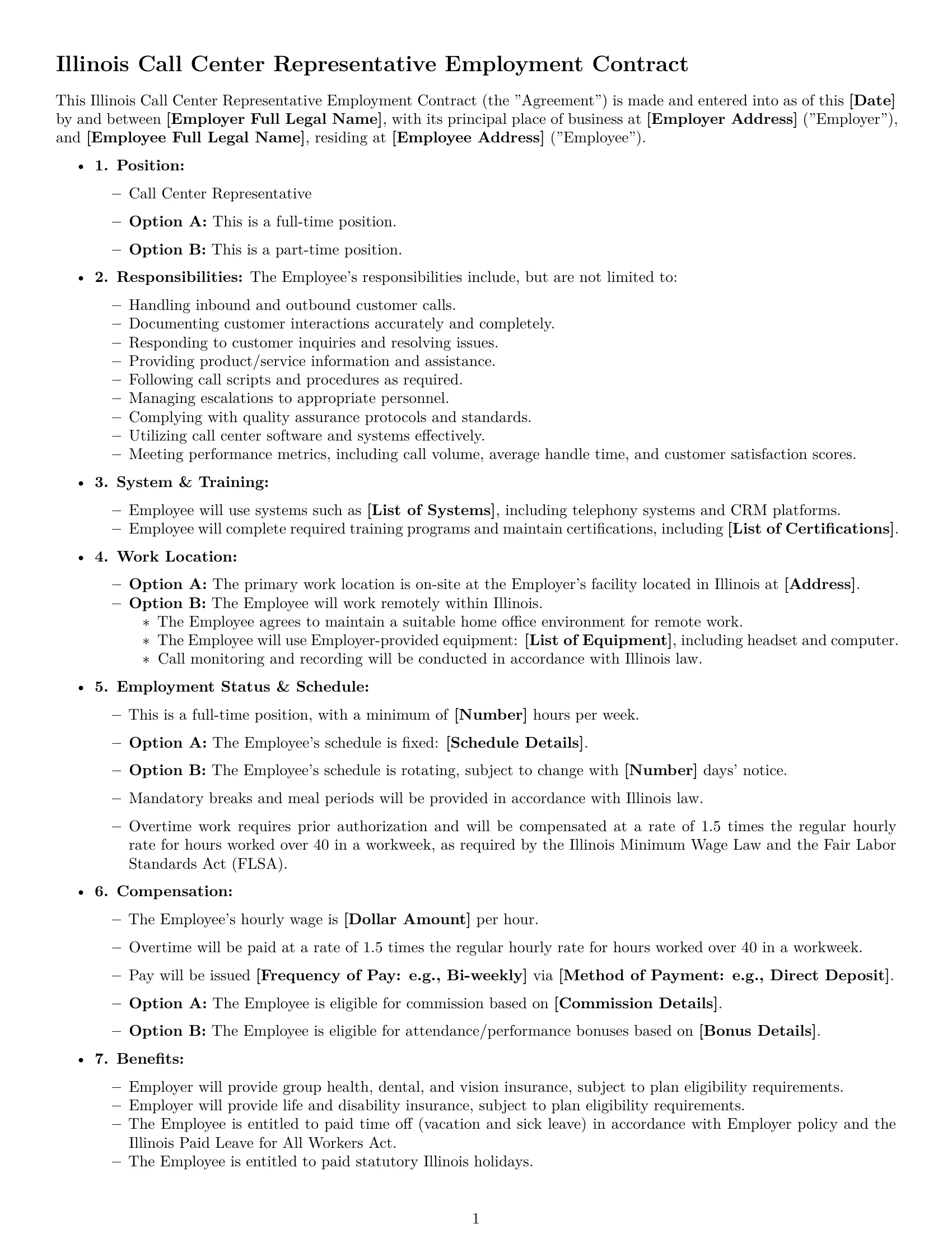 Preview page 1 of Free Illinois call center representative employment contract template