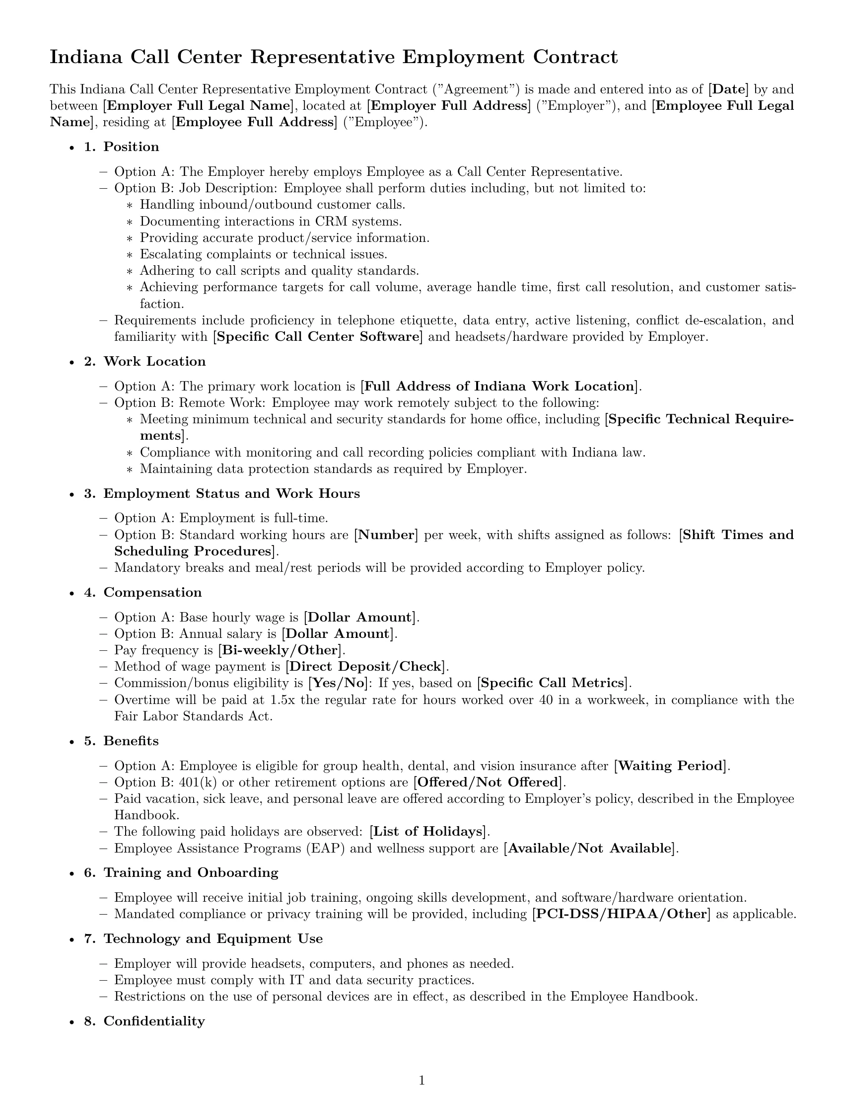 Preview page 1 of Free Indiana call center representative employment contract template