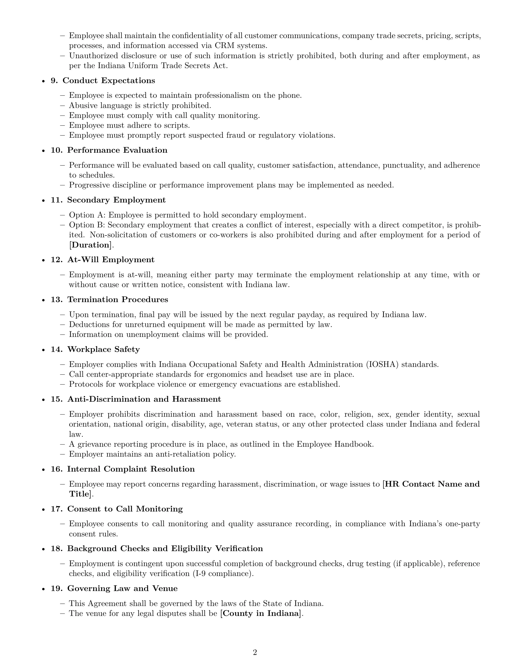 Preview page 2 of Free Indiana call center representative employment contract template