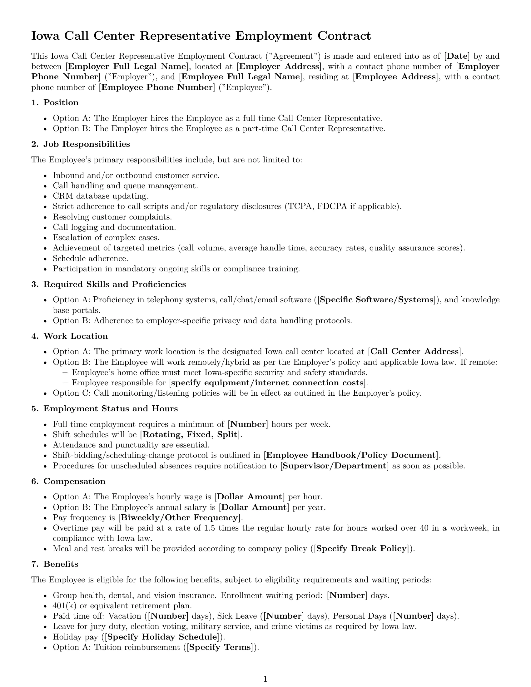Preview page 1 of Free Iowa call center representative employment contract template