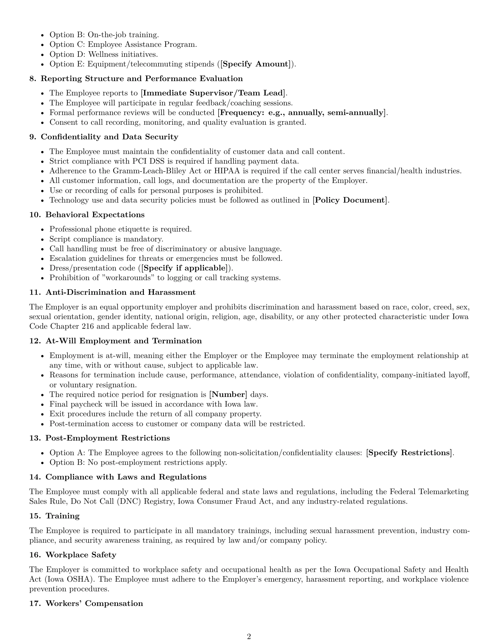 Preview page 2 of Free Iowa call center representative employment contract template