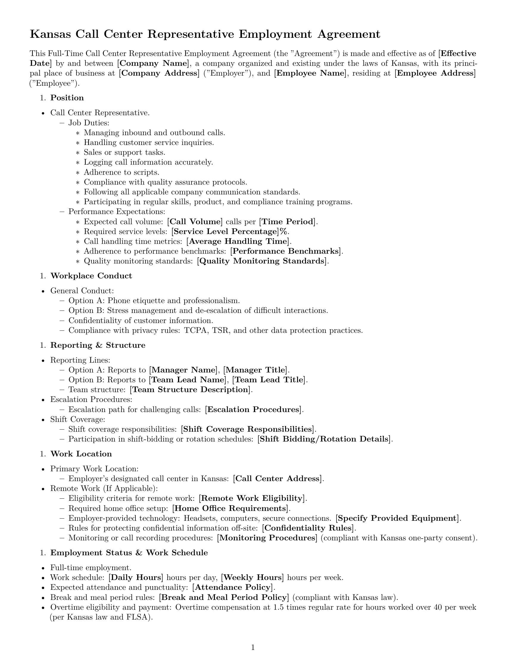 Preview page 1 of Free Kansas call center representative employment contract template
