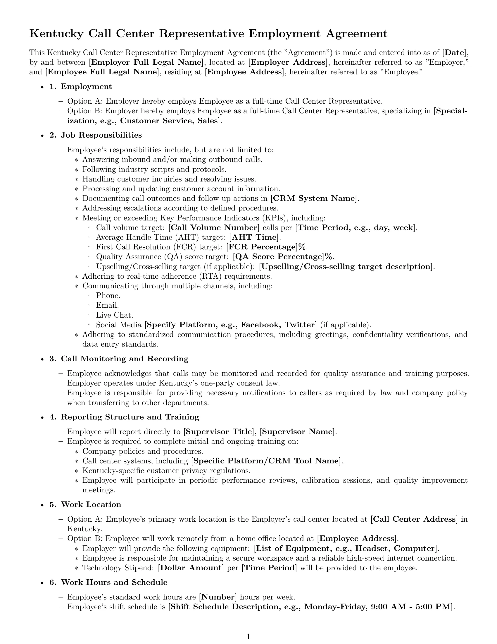 Preview page 1 of Free Kentucky call center representative employment contract template