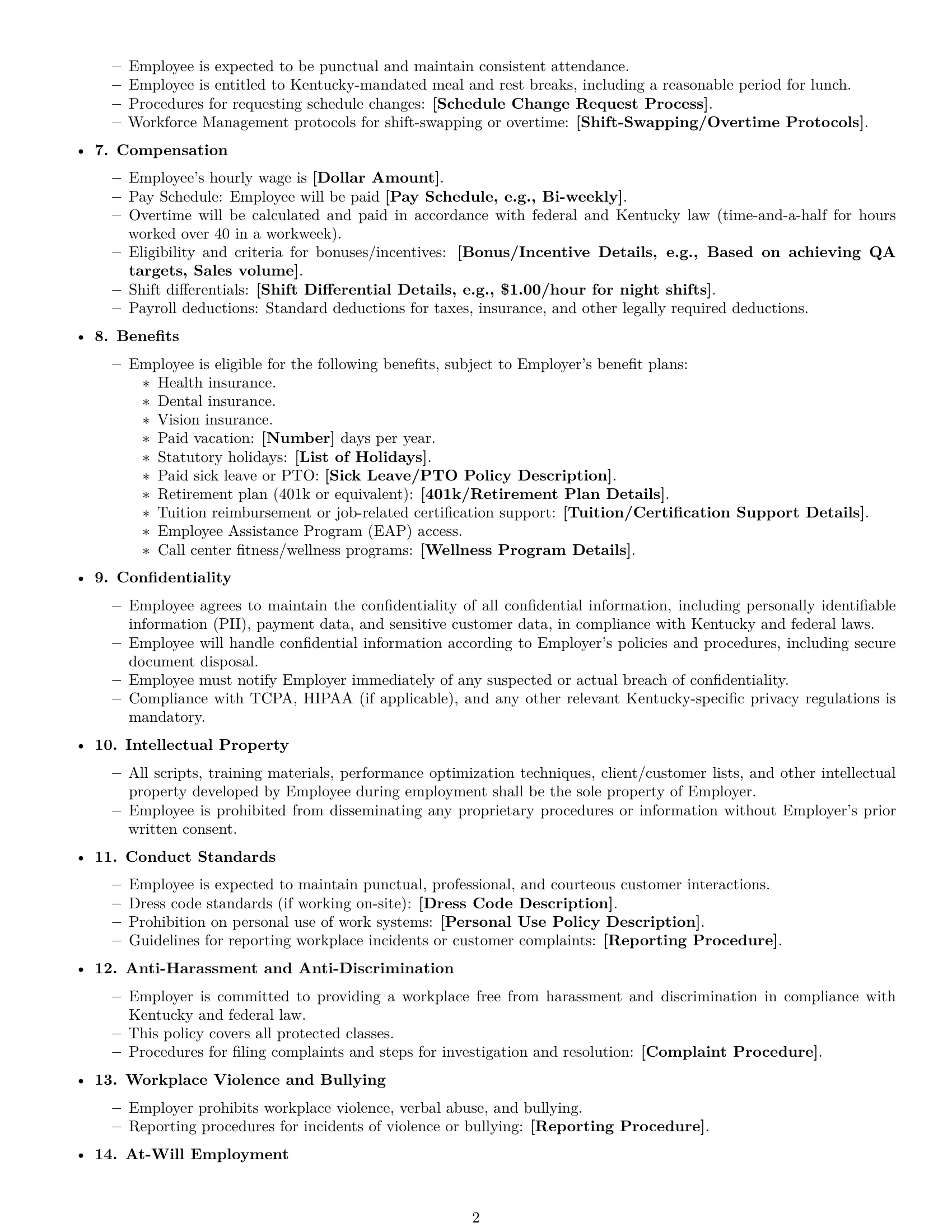 Preview page 2 of Free Kentucky call center representative employment contract template