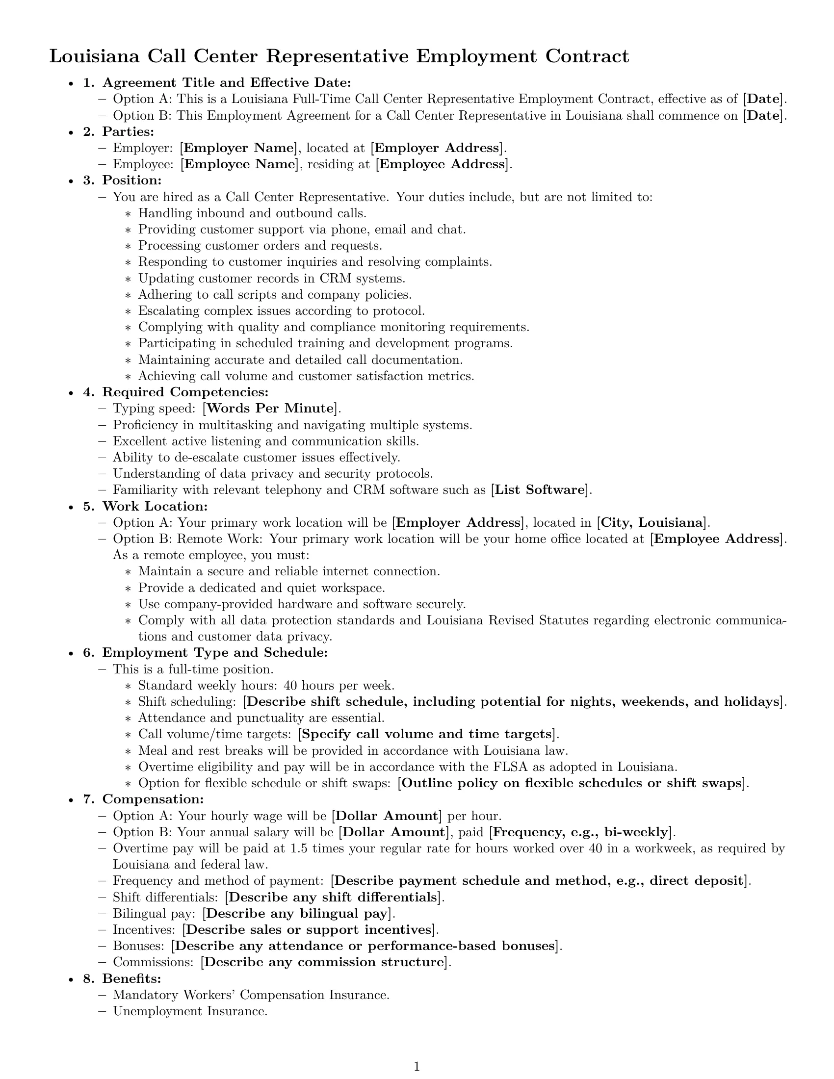 Preview page 1 of Free Louisiana call center representative employment contract template